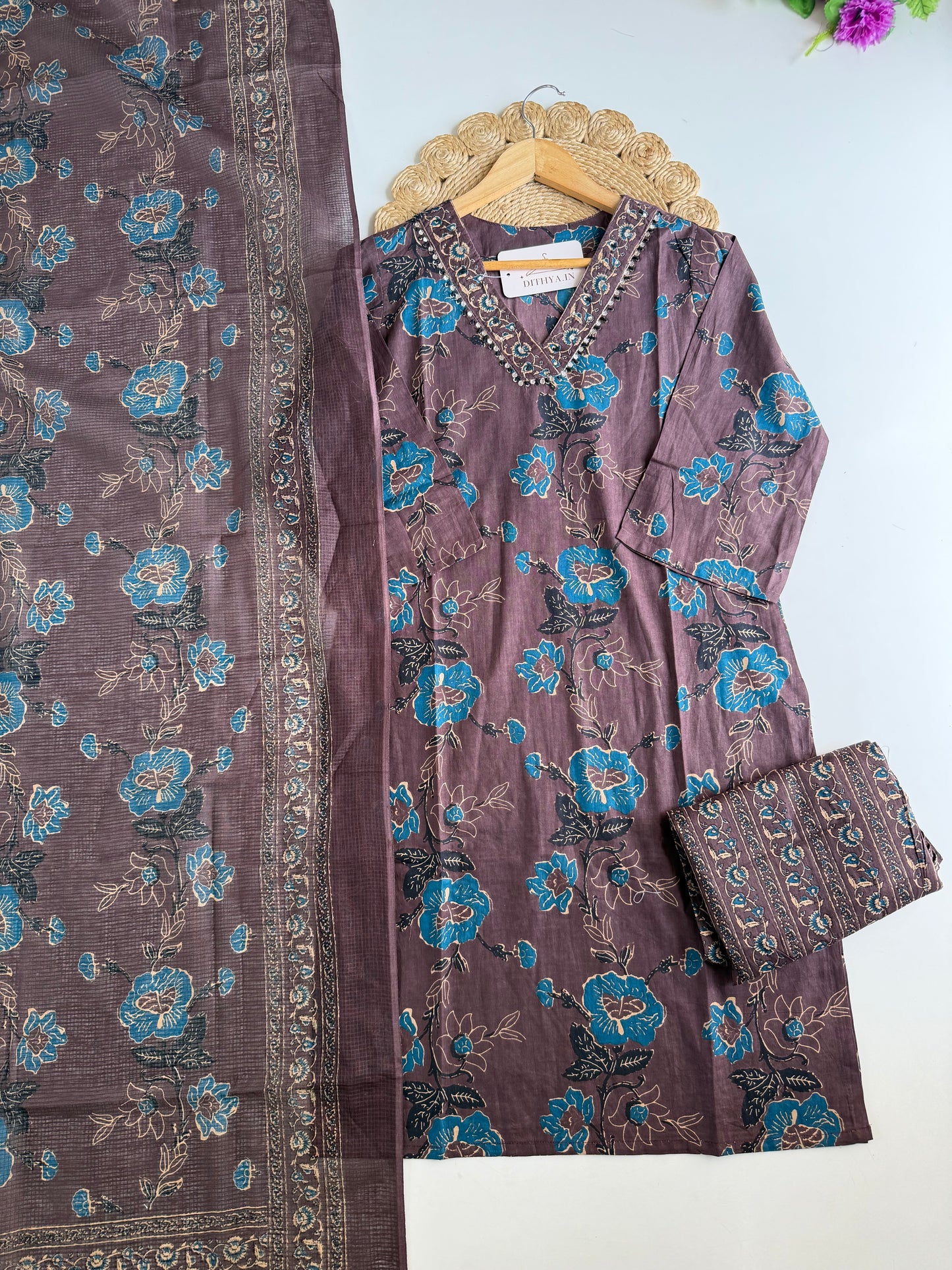 K163 - Mul cotton embroidered Aline Kurti with pants and dupatta