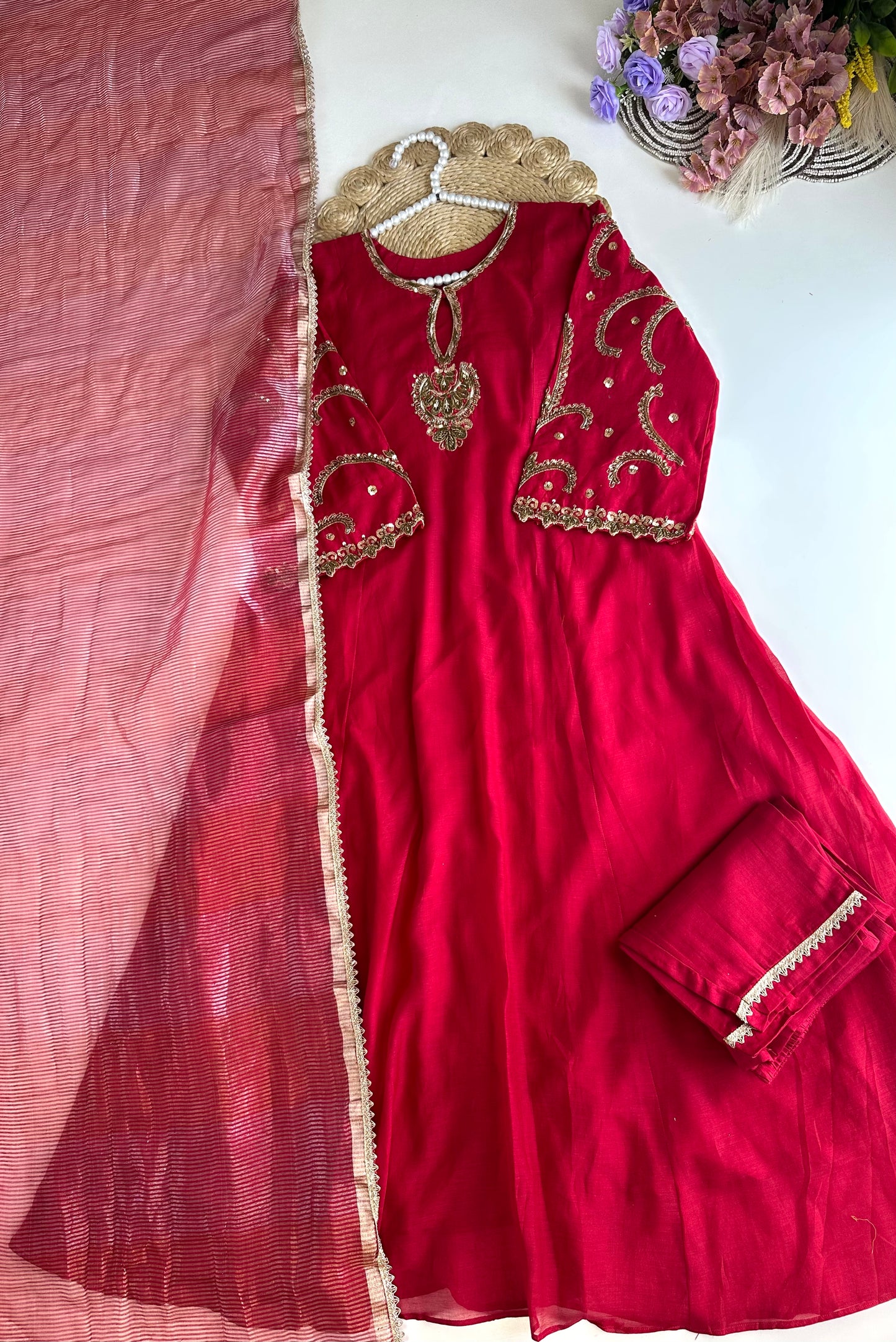 K035 - Mul Chanderi Handwork Aline Kurti with pants and dupatta in 2 colours