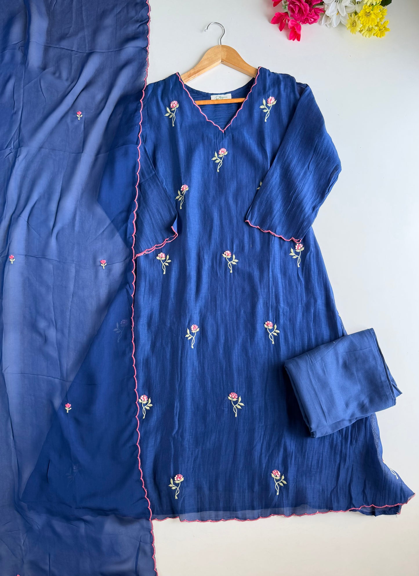 K087 - Mul chanderi embroidered Aline Kurti with pants and dupatta
