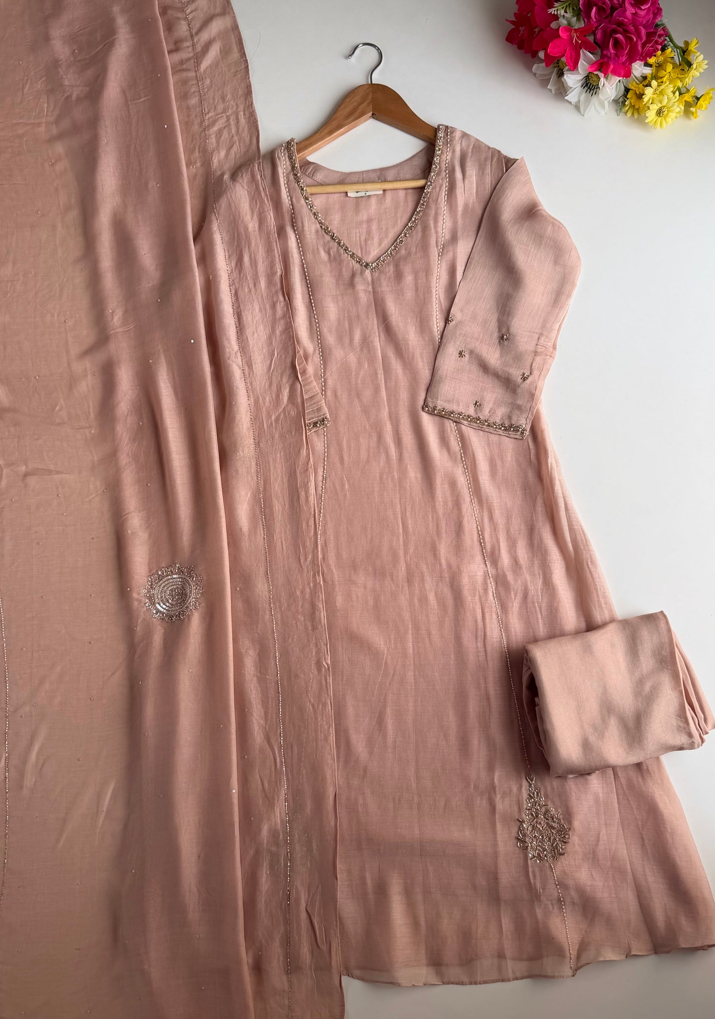 K131 - Mul chanderi handwork aline Kurti with pants and dupatta