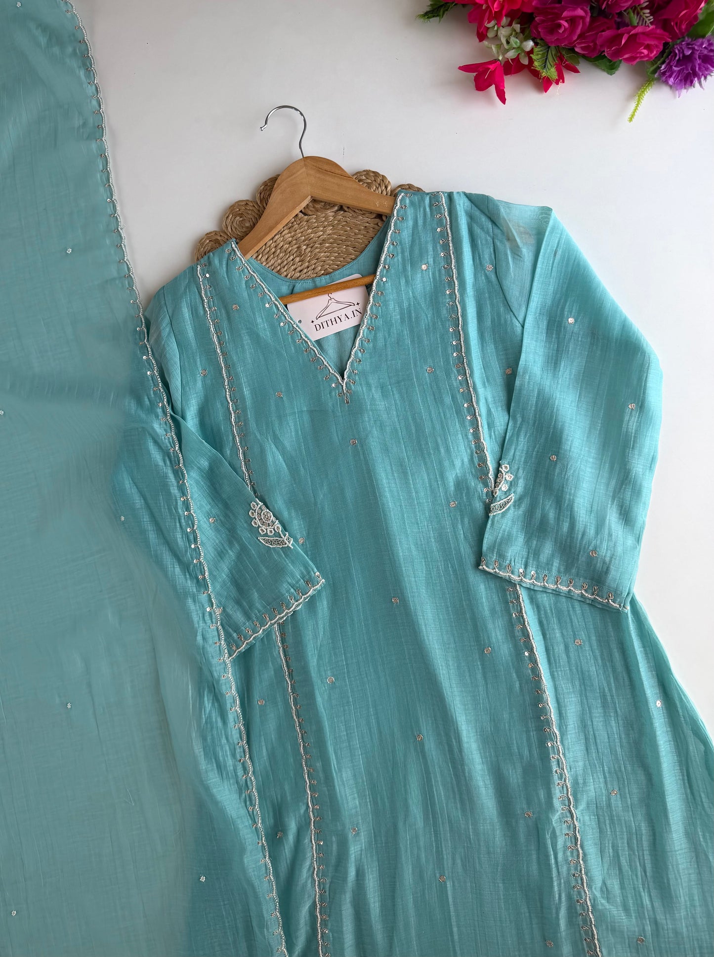 K011 - Mul chanderi pearl work aline Kurti with pants and dupatta