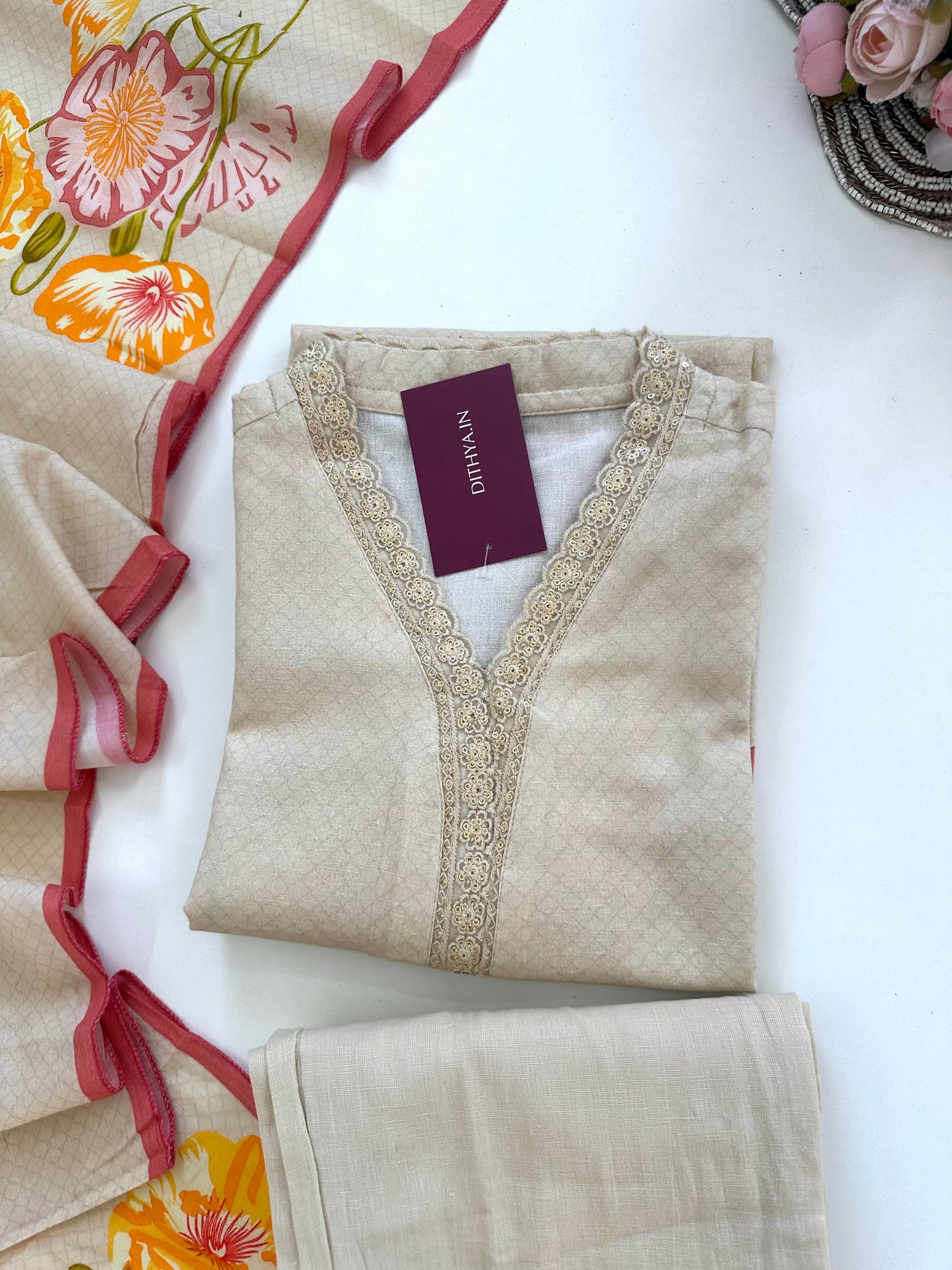 K374 - Muslin cotton straight Kurti with pants and dupatta
