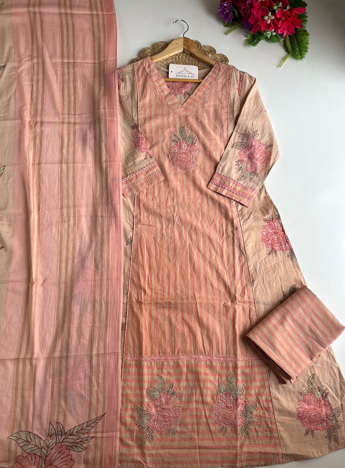 K629 - Mul cotton embroidered Aline Kurti with pants and dupatta