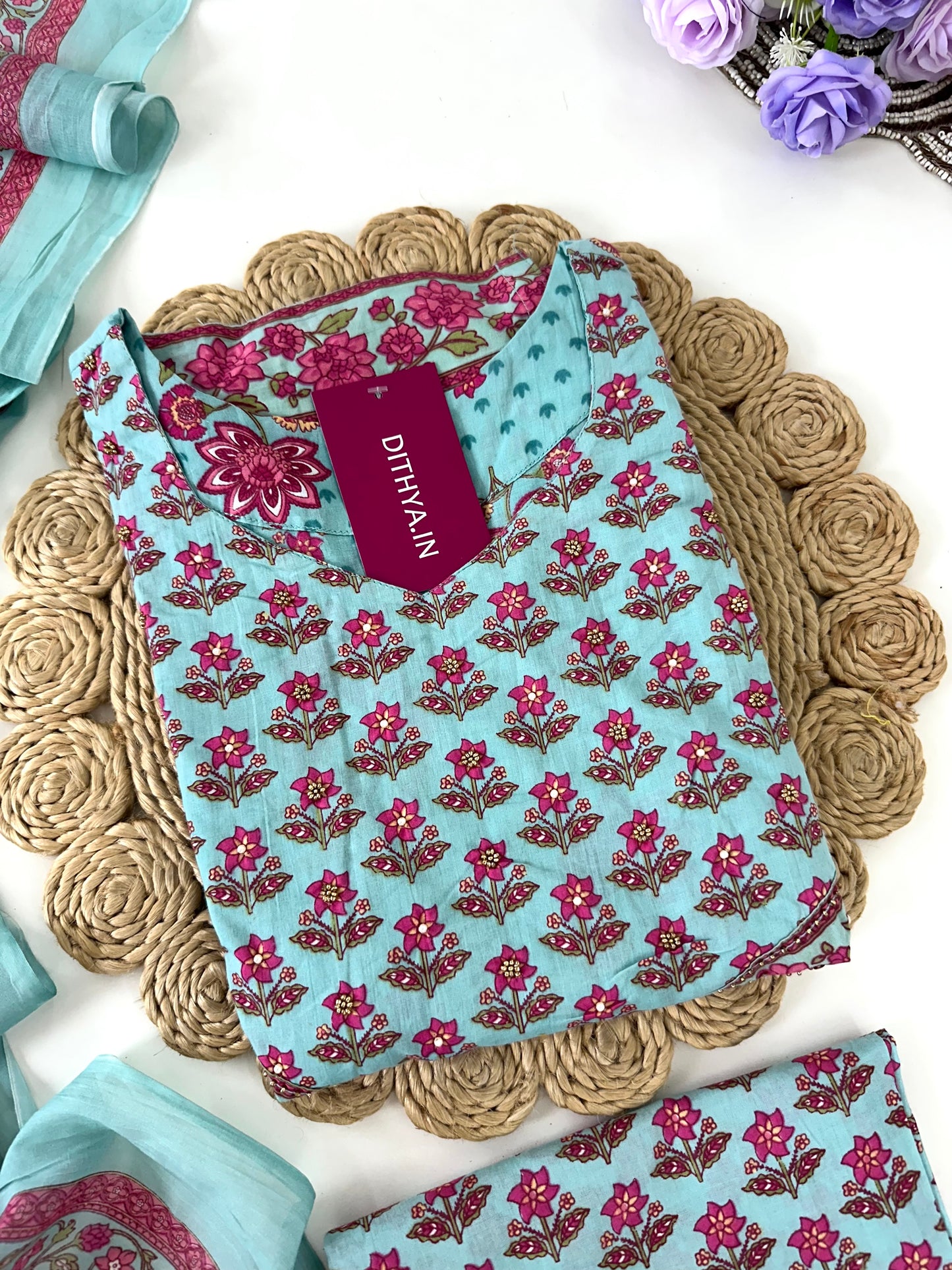 K348 - Cotton floral straight kurti with pants and dupatta