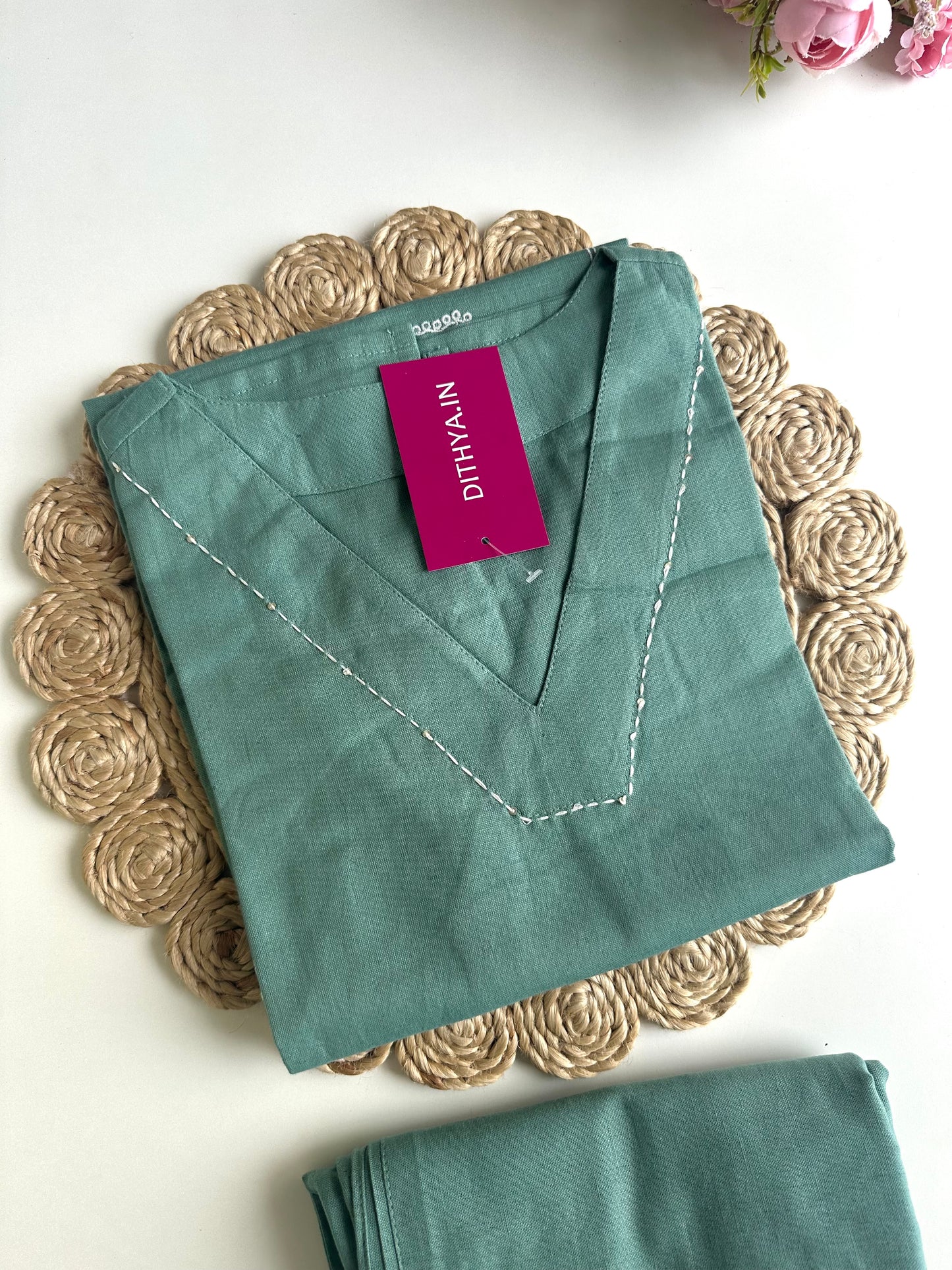 K438 - Linen cotton embroidered Aline Kurti with pants in 2 colours