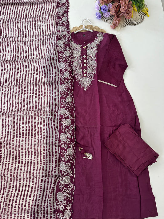 D399-Russian silk straight kurti with pants and dupatta
