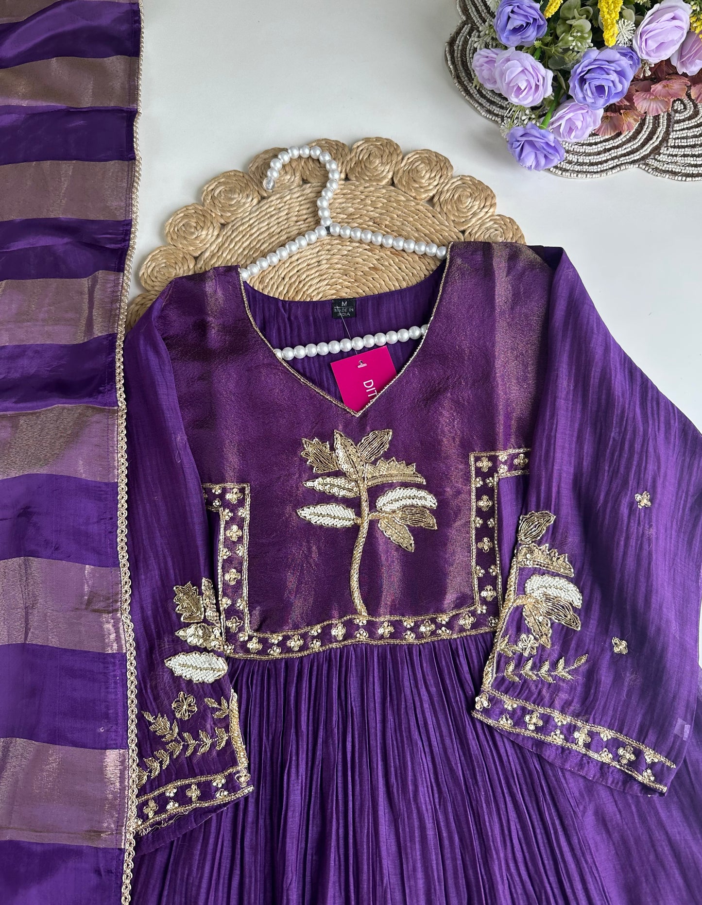 K430 - Mul Chanderi handwork Anarkali with pants and dupatta