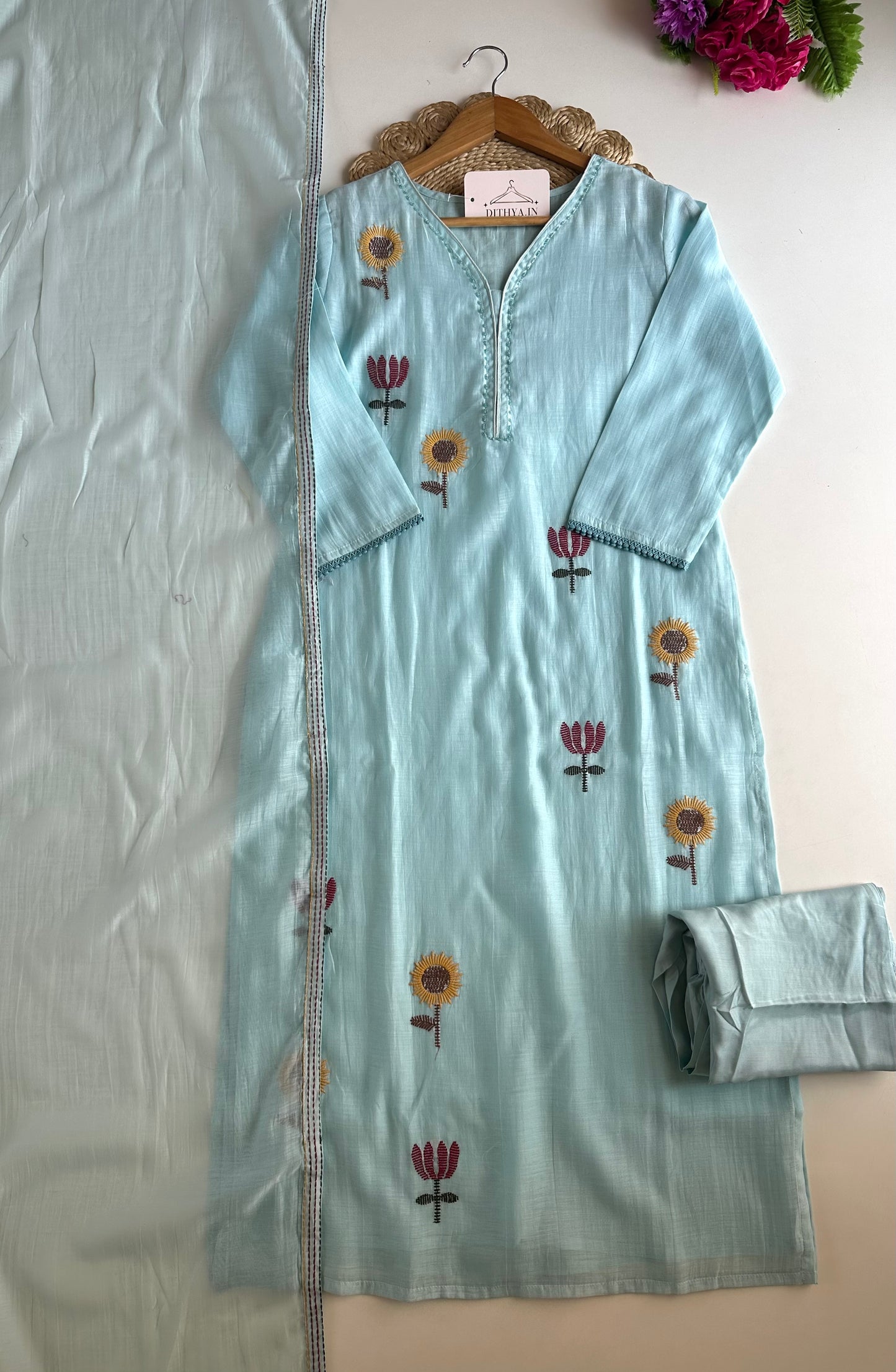 K473 - Muslin cotton embroidered straight Kurti with pants and dupatta
