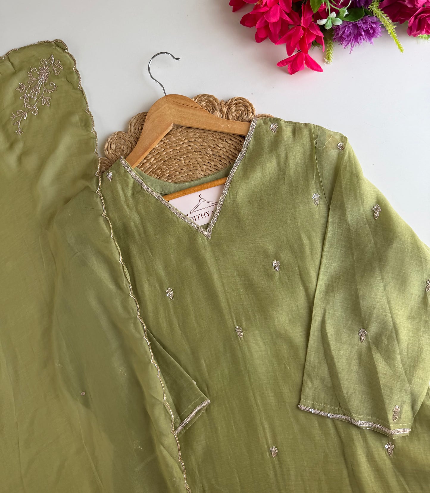 K638 - Mul chanderi handwork Aline Kurti with pants and dupatta