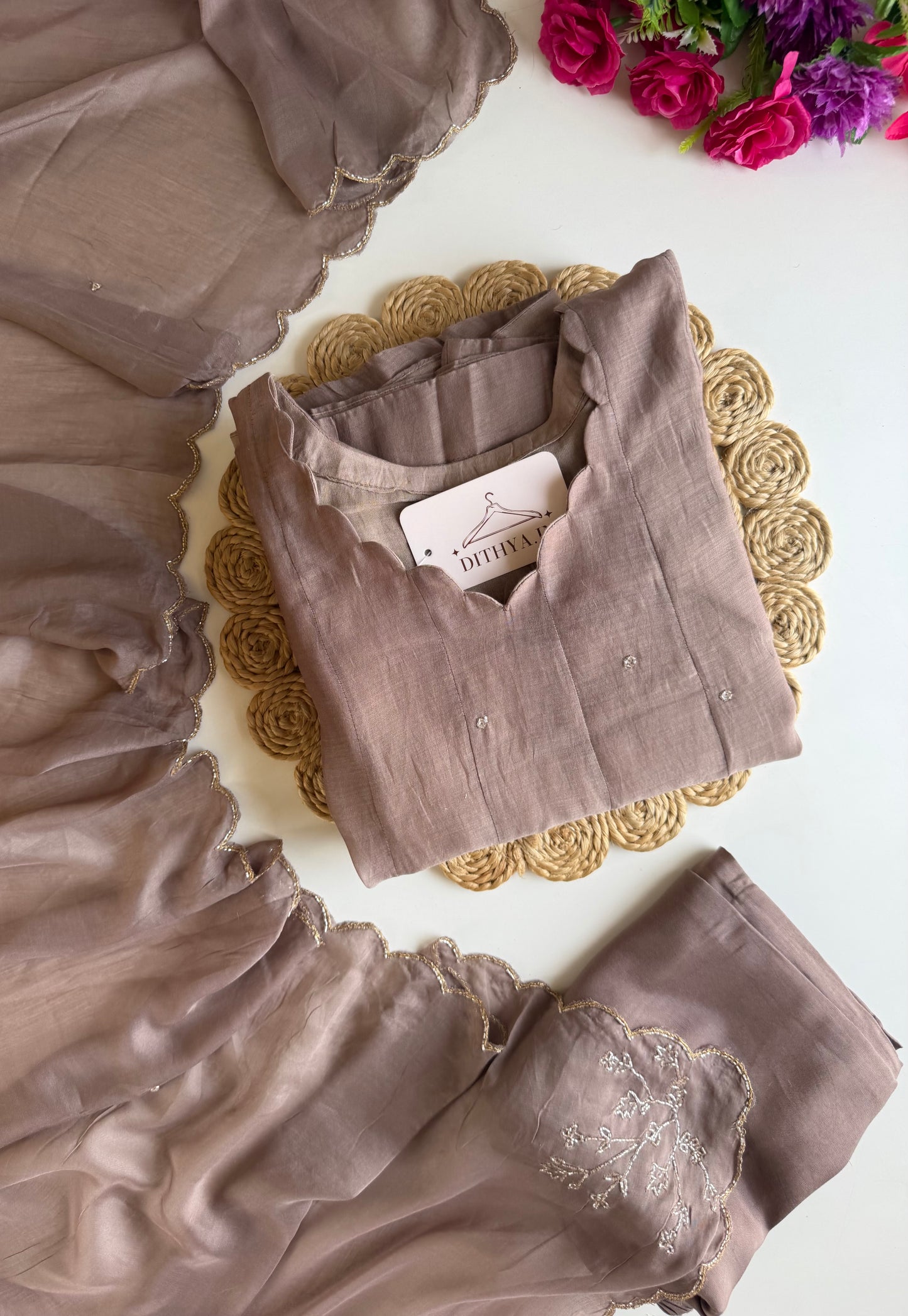 K305 - Mul chanderi handwork Anarkali with pants and dupatta