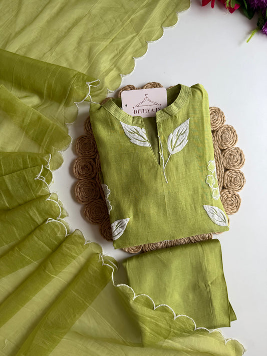 K537 - Mul chanderi appliqué work aline Kurti with pants and dupatta in 2 colours