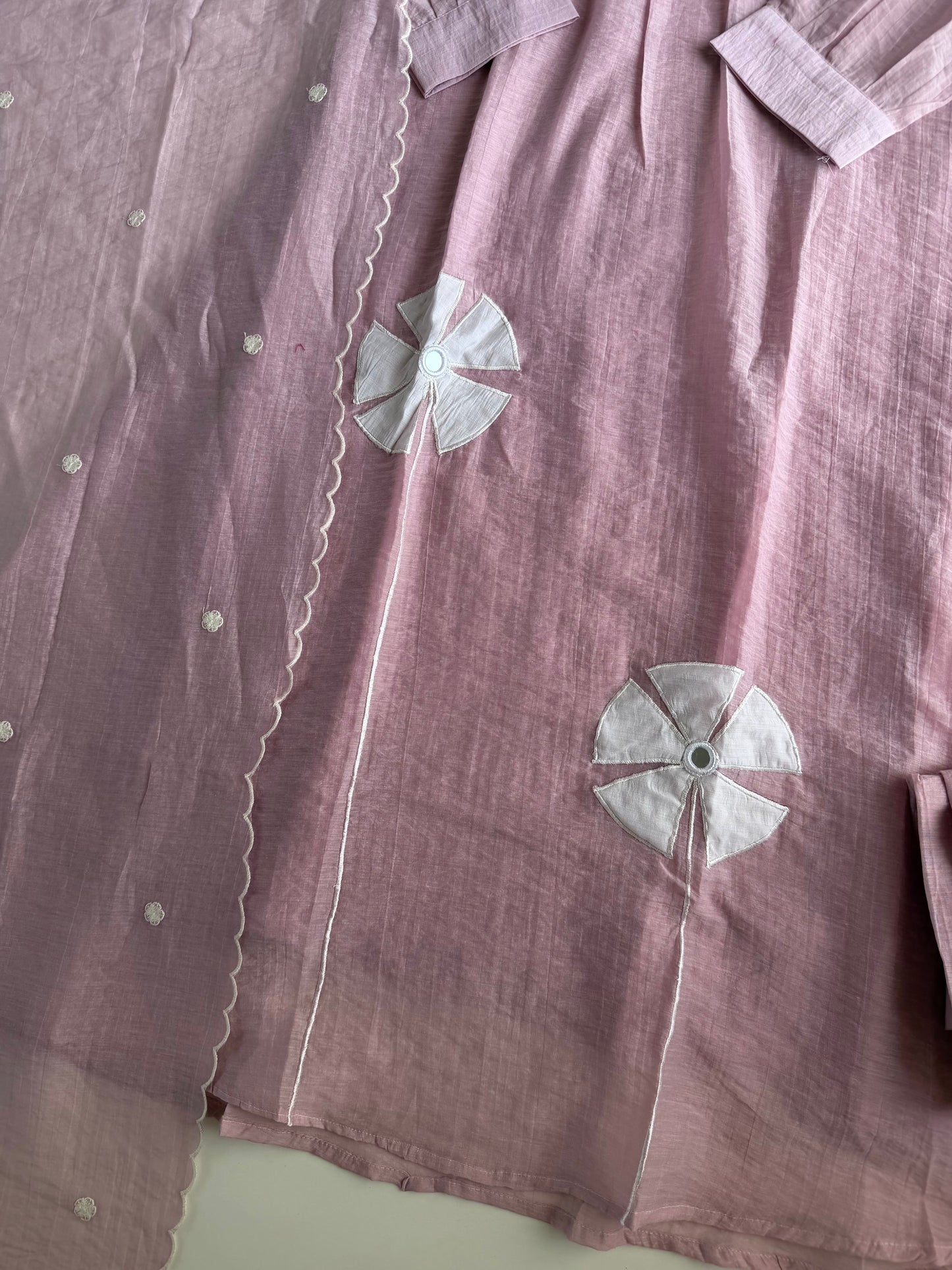 K036 - Crushed Surat Mul chanderi embroidered Aline Kurti with pants and dupatta in 2 colours