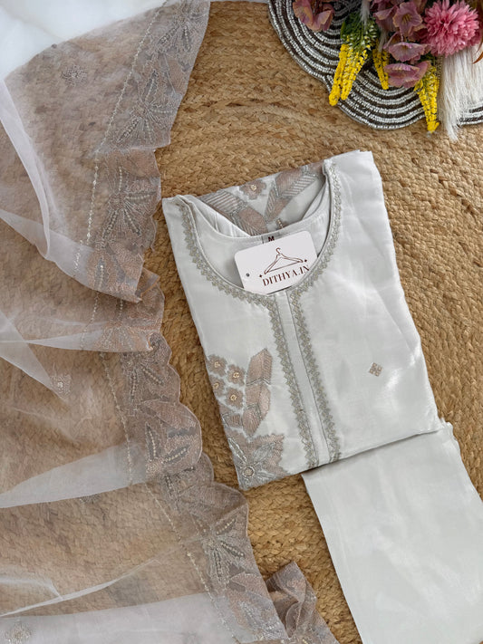 K519 - Shimmer Tissue silk embroidered straight Kurti with pants and dupatta