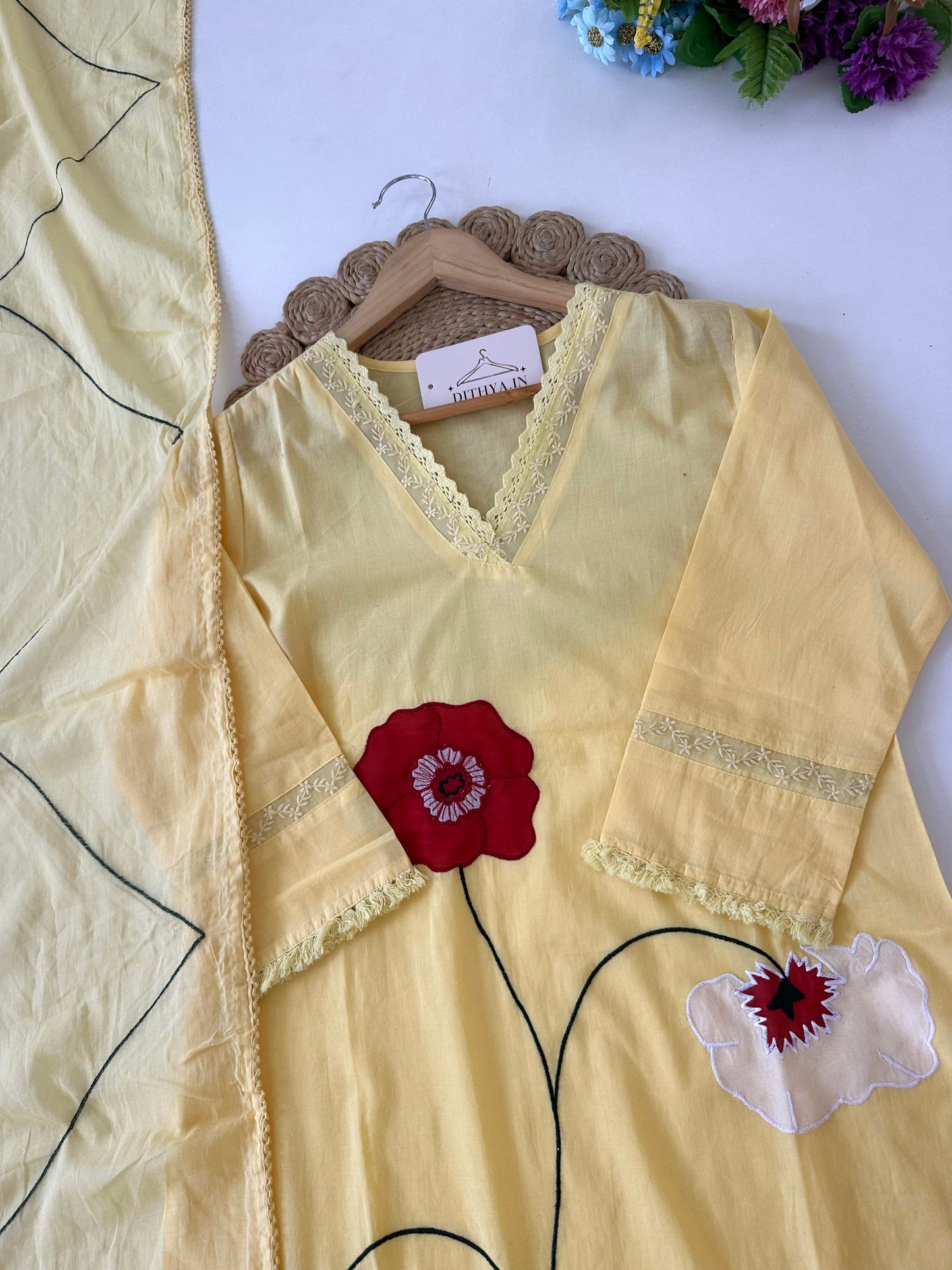 K218 - Mul cotton embroidered straight Kurti with pants and dupatta