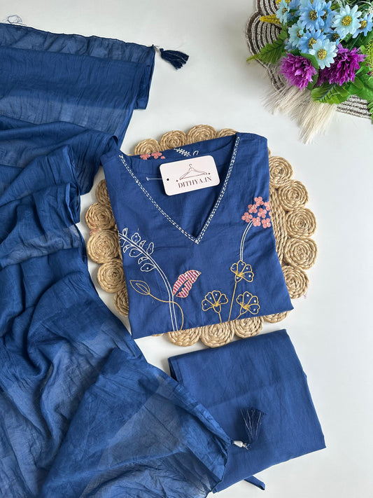 K592 - Cotton embroidered straight Kurti with pants and dupatta in 2 colours