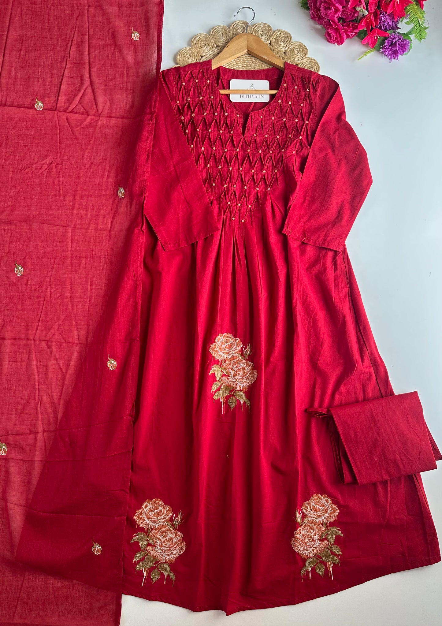 K733 - Mul cotton embroidered Anarkali with pants and dupatta
