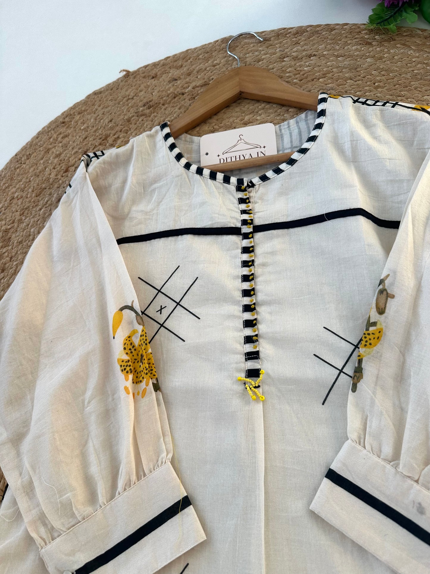 K579 - Mul cotton printed with handwork Aline Kurti with pants