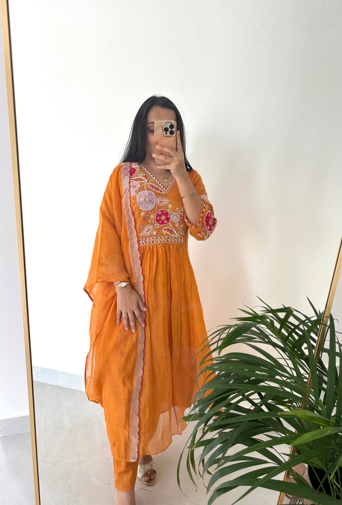 K366 - Mul Chanderi handwork Anarkali with pants and dupatta