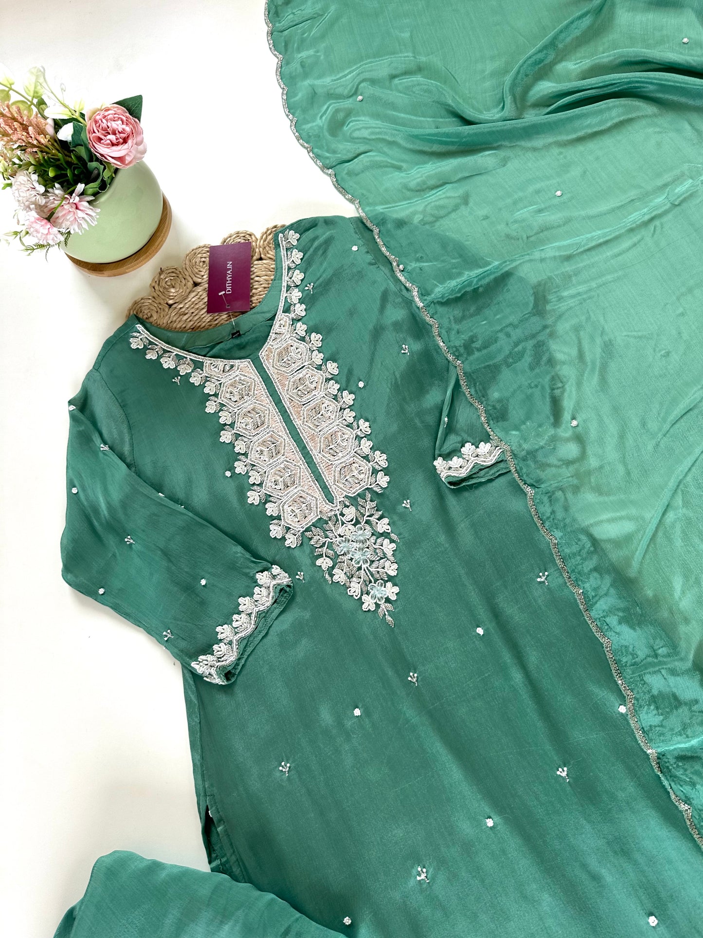 K069 - Pure chinnon Handwork short kurti with palazzo pants and dupatta .