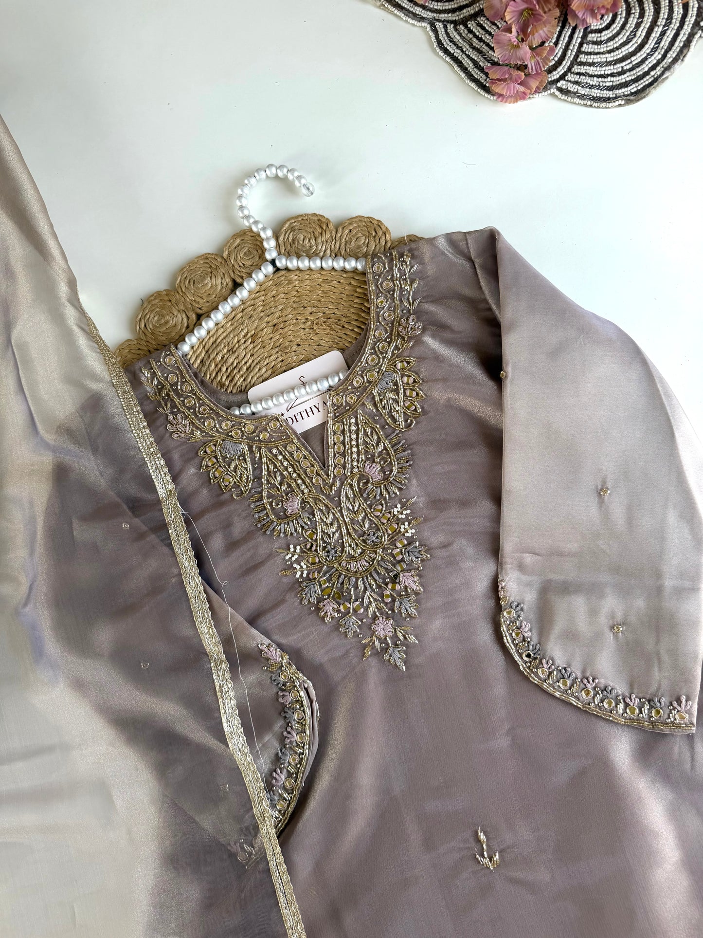 K540 - Tissue silk handwork aline Kurti with pants and dupatta