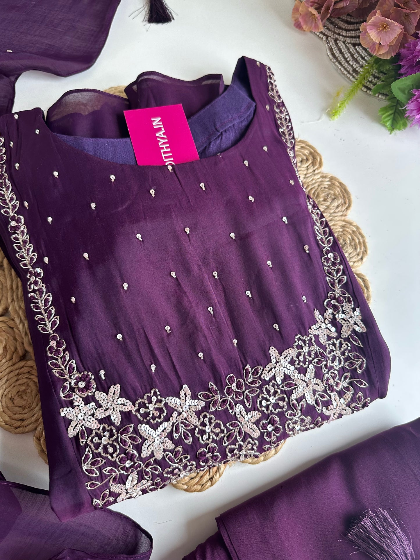 K007 - Mul Chanderi handwork Aline Kurti with pants and dupatta in 2 colours