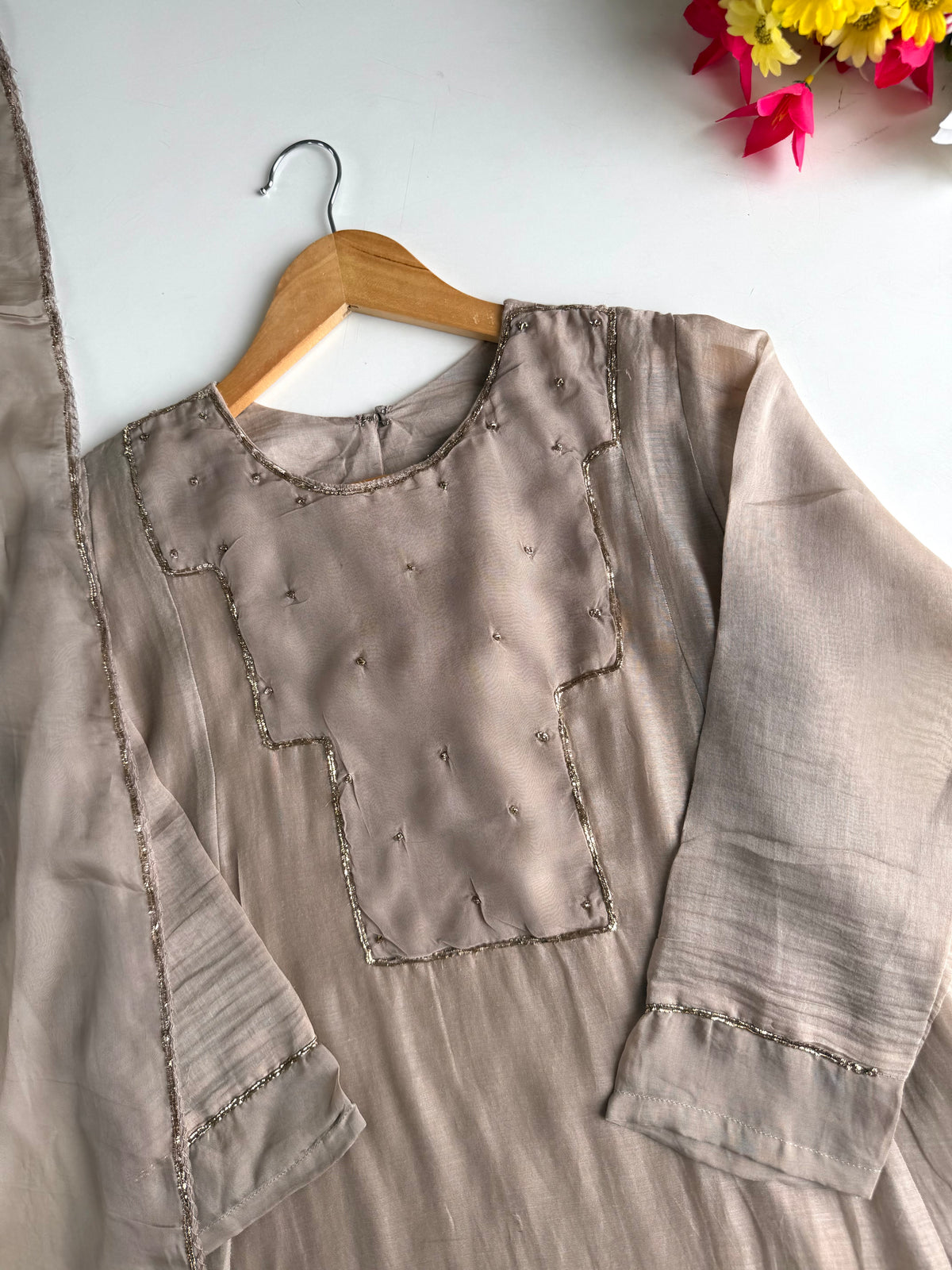 K704 - Mul chanderi pita work aline Kurti with pants and dupatta