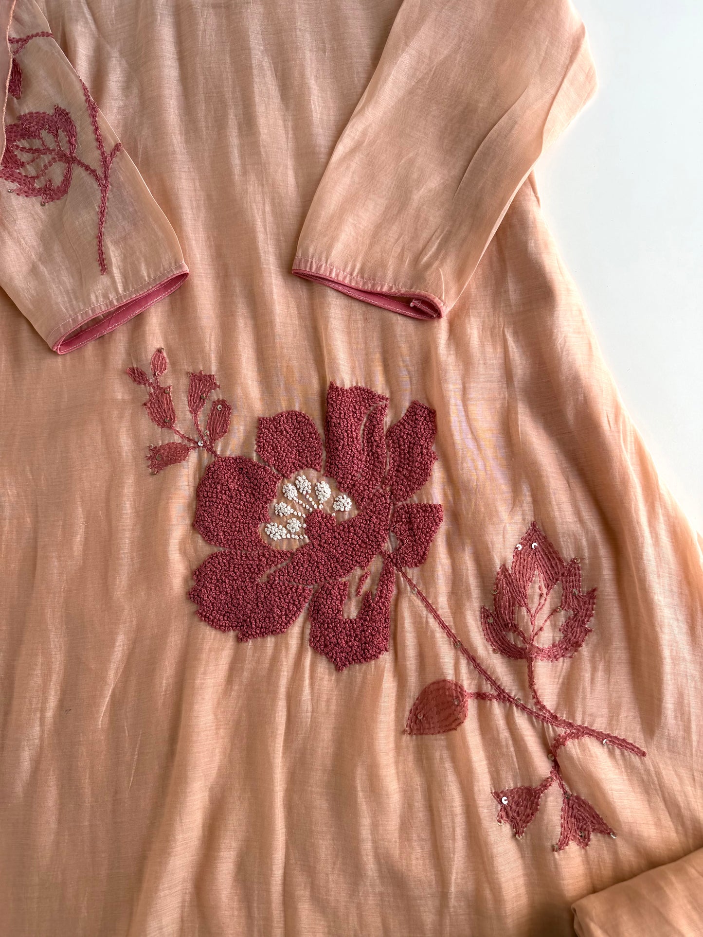 K650 - Mul chanderi embroidered Aline Kurti with pants and dupatta