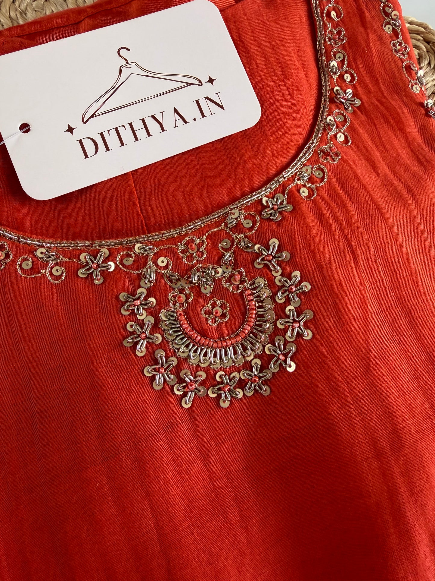 K165 - Mul chanderi handwork aline Kurti with pants and dupatta