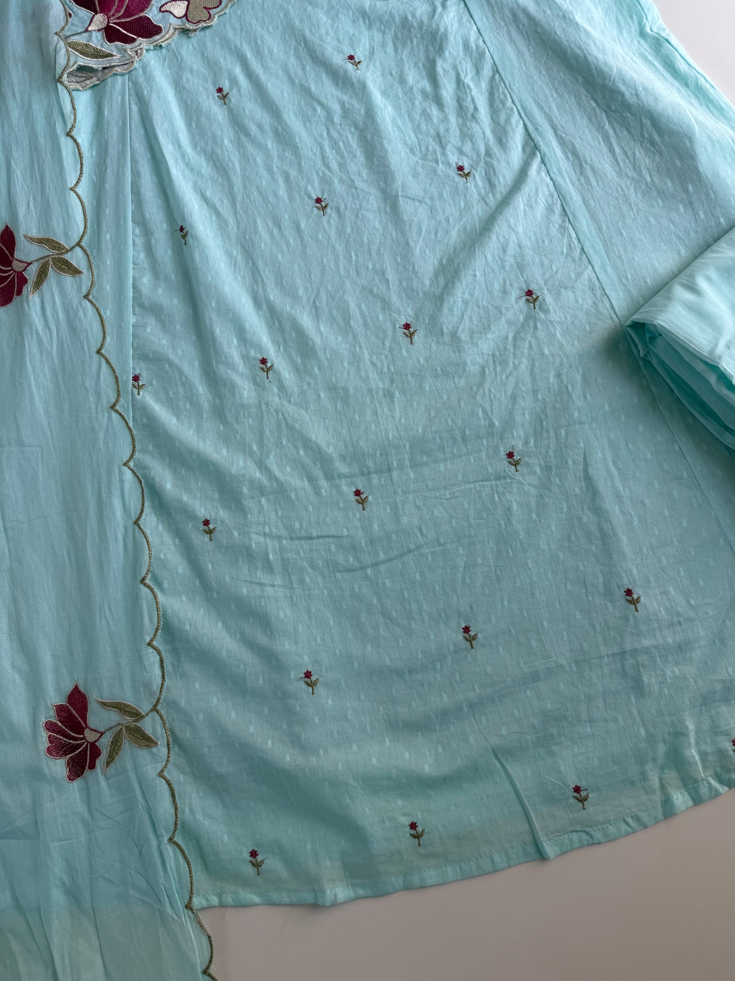 K011 - Mul cotton embroidered Anarkali with pants and dupatta