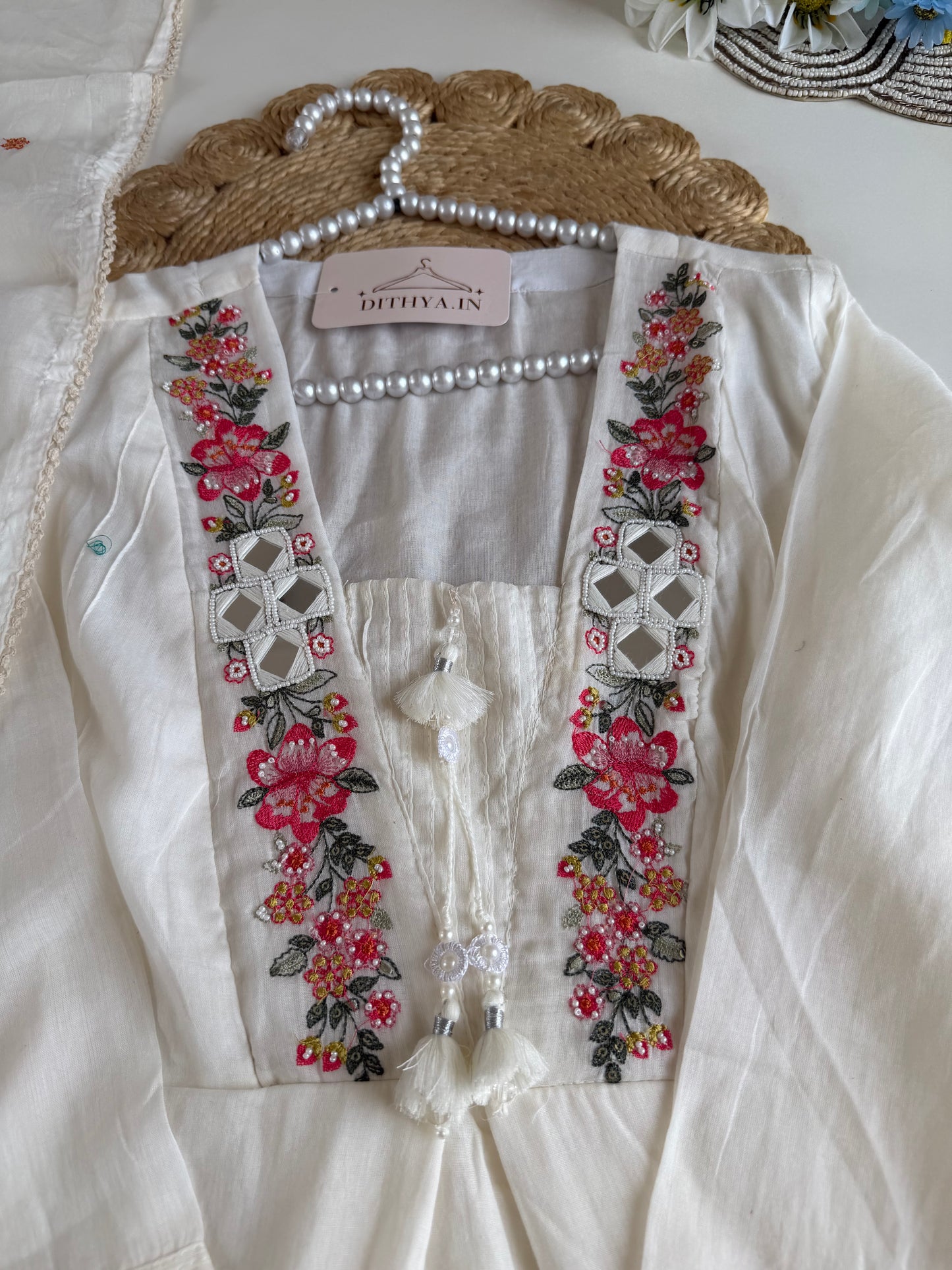 K629 - Mul cotton embroidered Aline Kurti with pants and dupatta