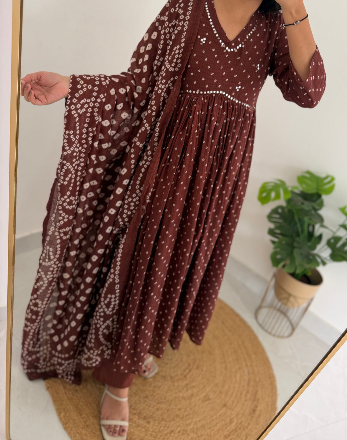 K017 - Kota doriya bandhini mirror work Anarkali with pants and dupatta in 3 colours
