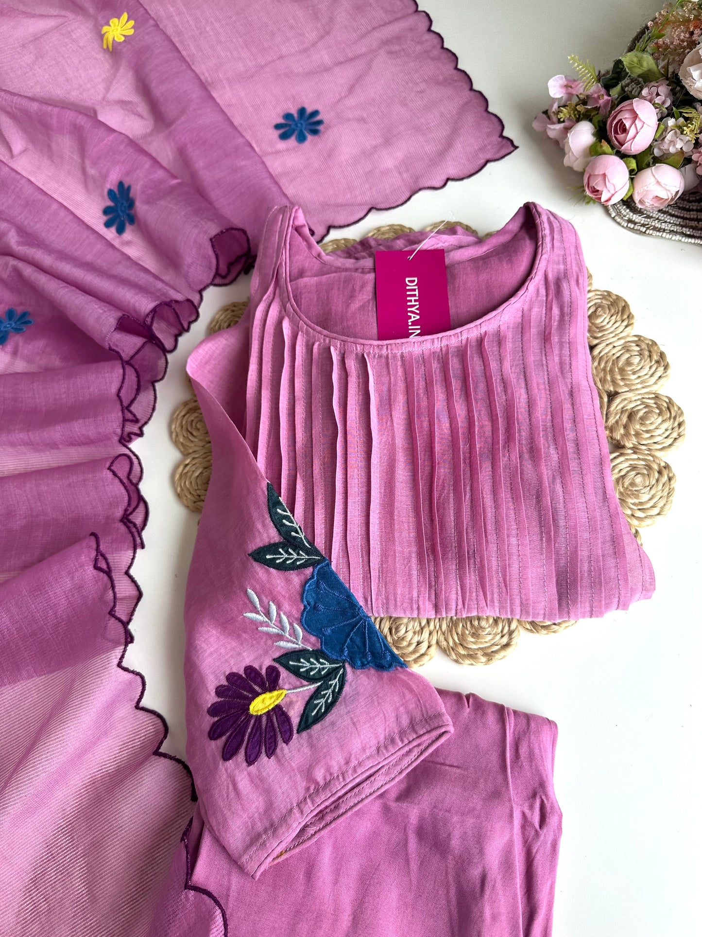 K126 - Mul Chanderi embroidered Aline Kurti with pants and dupatta