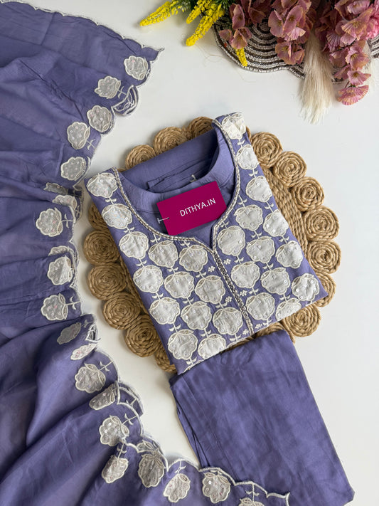 K503 - Mul chanderi embroidered straight Kurti with pants and dupatta