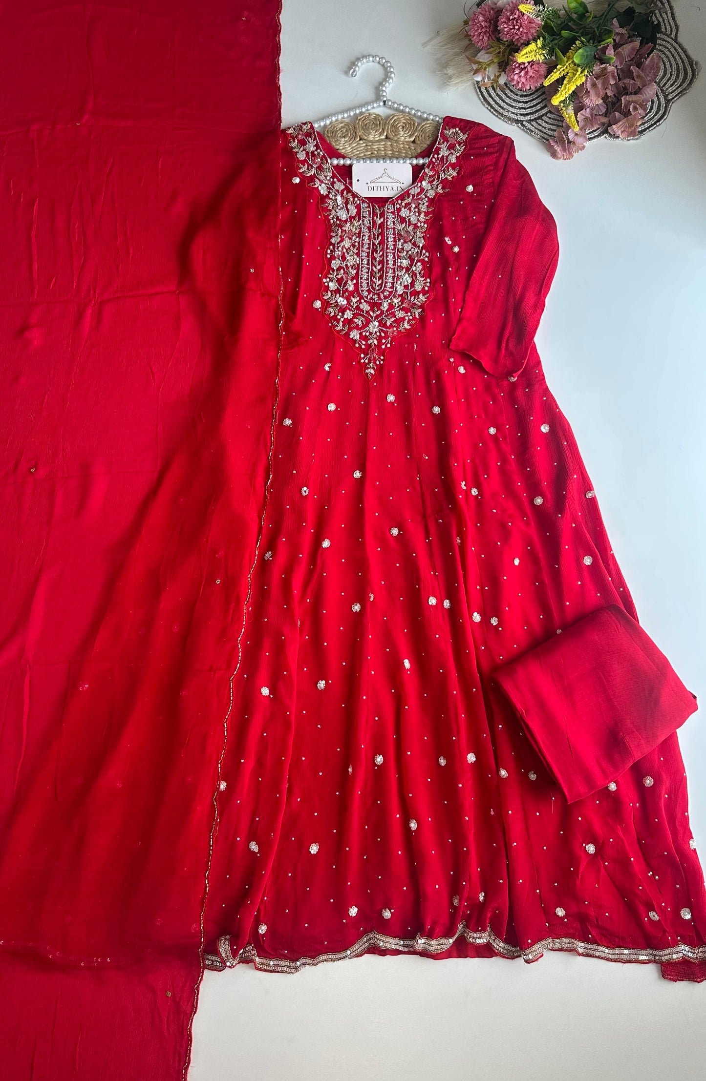 K145 - Chinnon heavy Anarkali with pants and dupatta