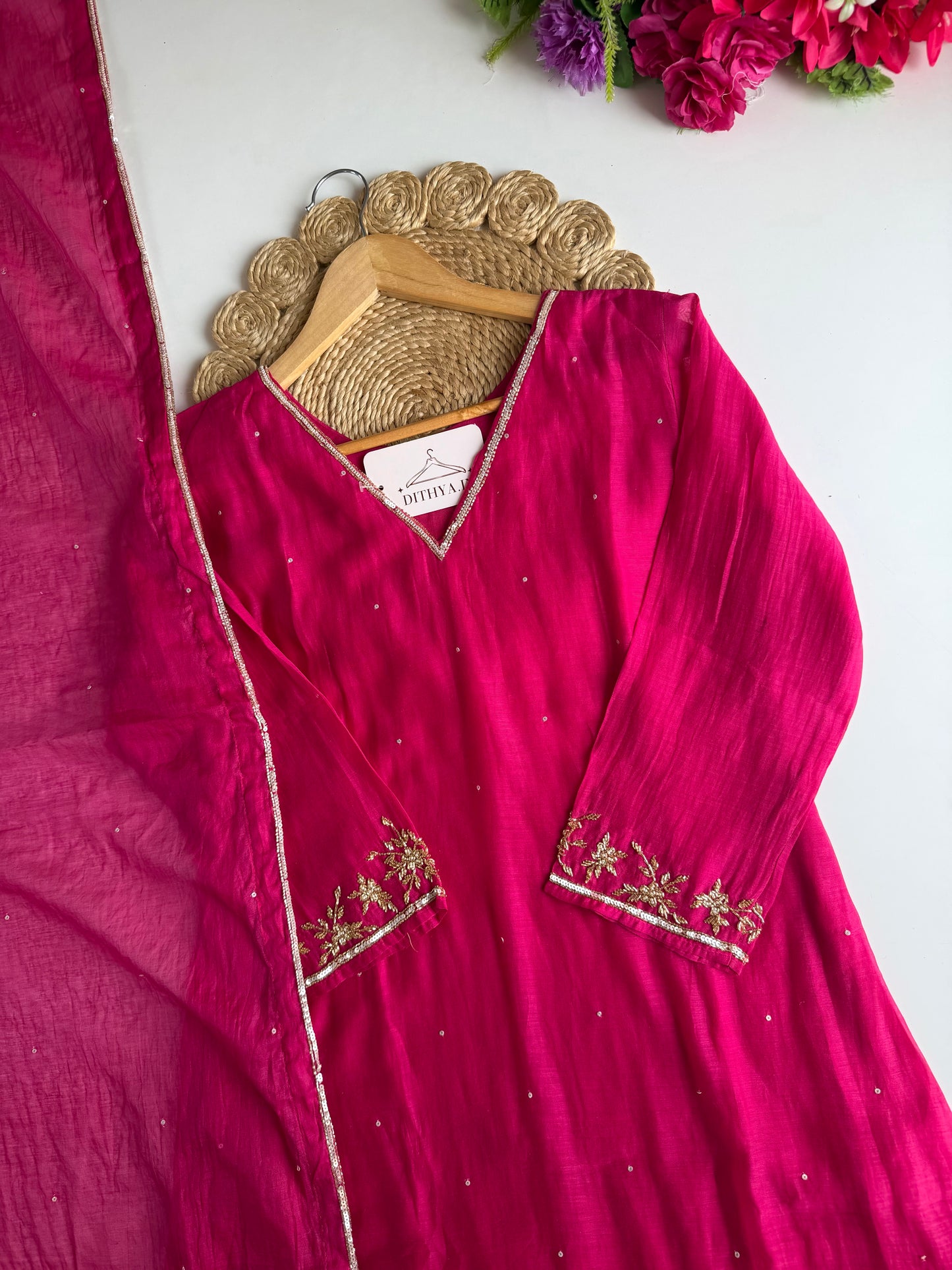 K302 - Mul chanderi handwork aline Kurti with pants and dupatta