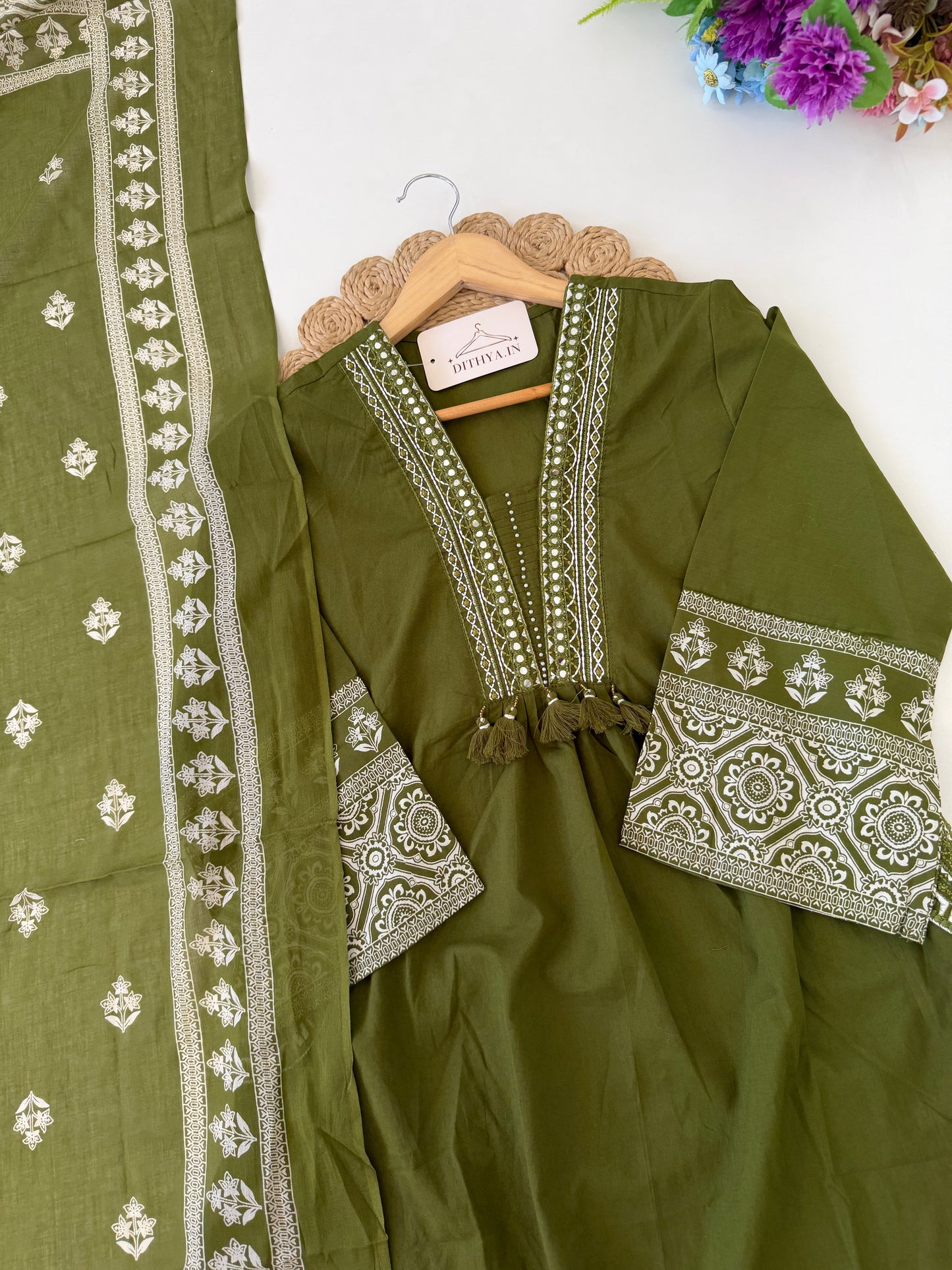 K259 - Mul cotton embroidered Aline Kurti with pants and dupatta