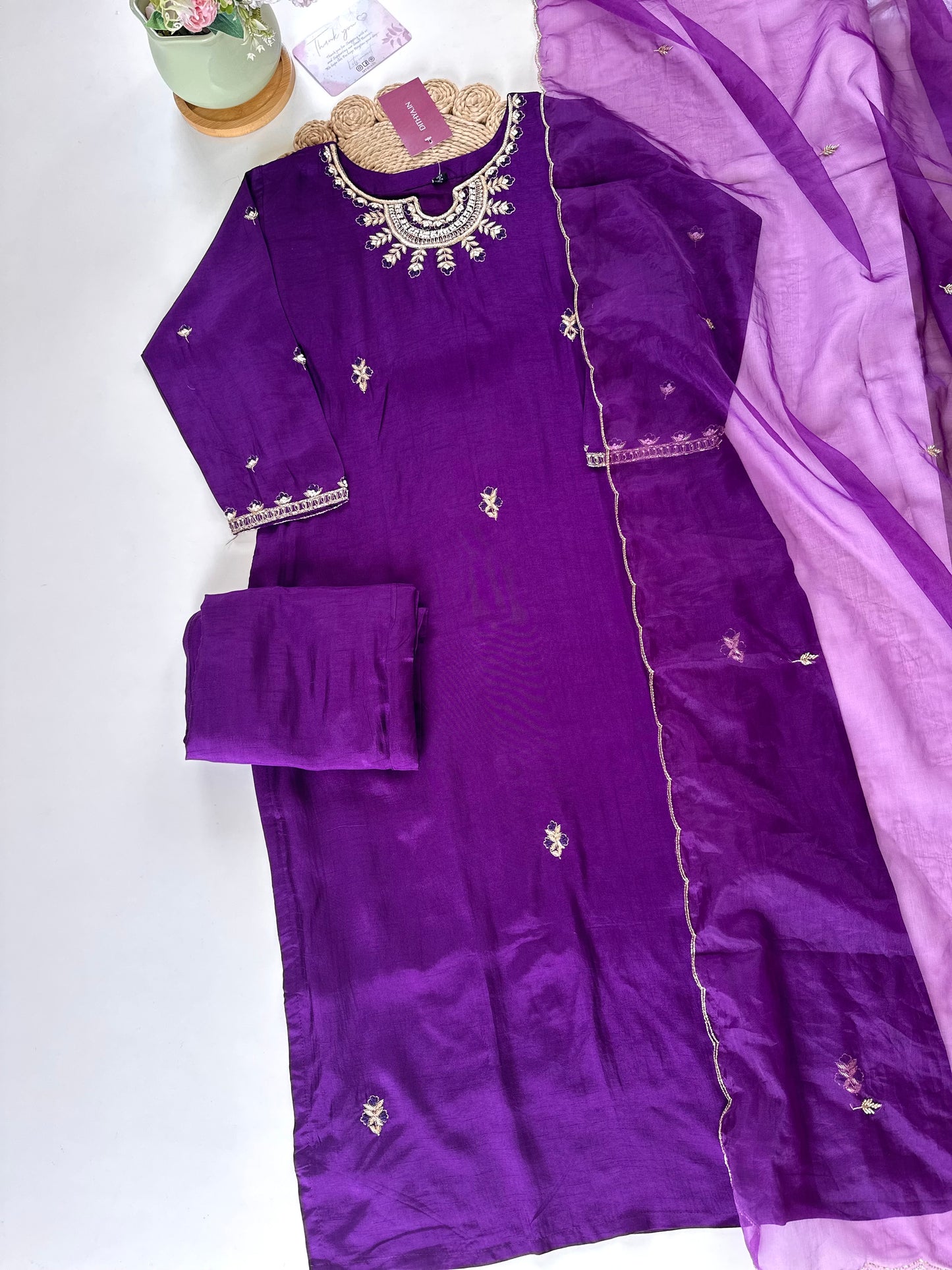 K293 - Dola silk Zardosi straight kurti with pants and organza scallop dupatta.