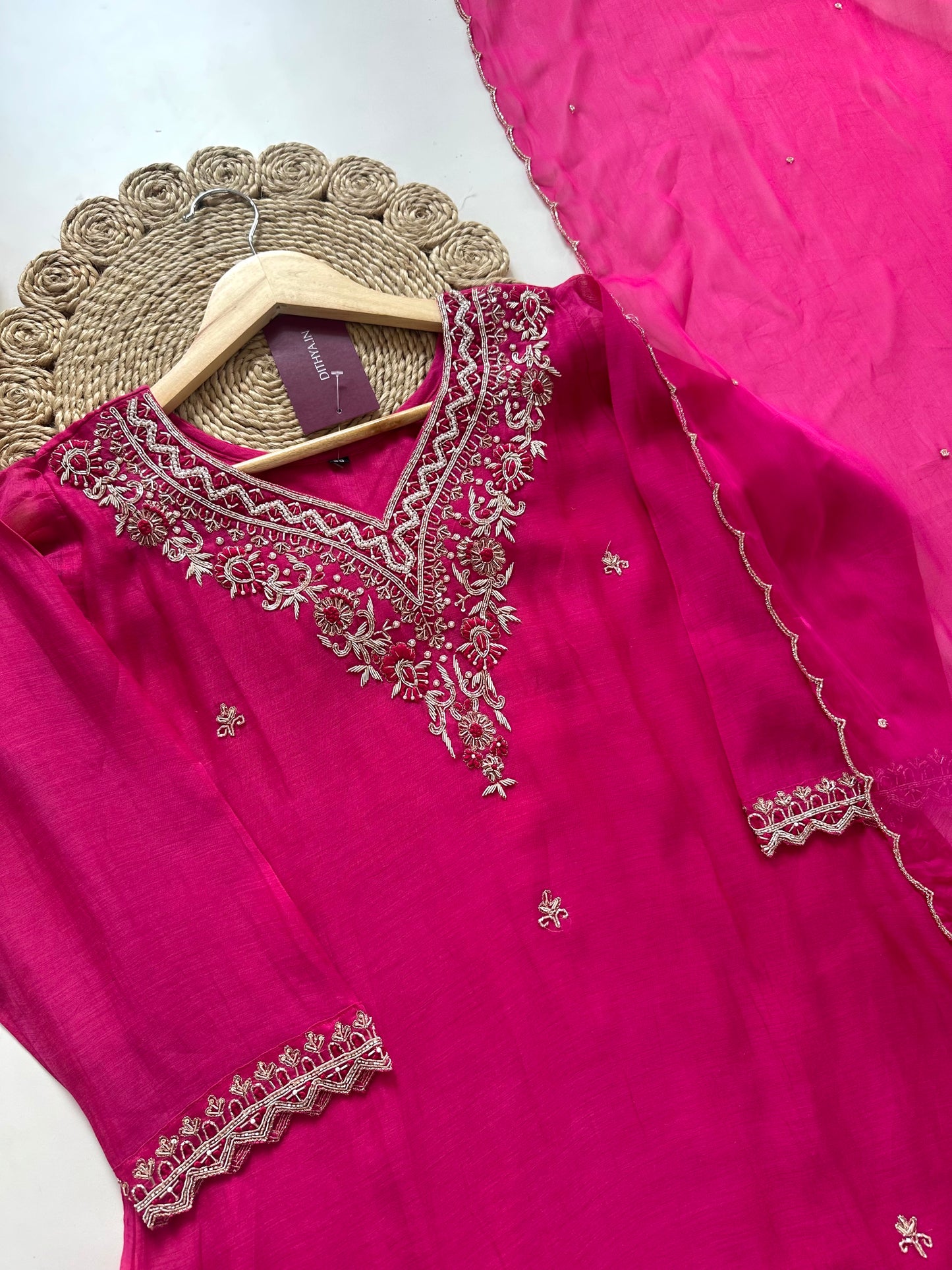 K390-Mul Chanderi Zardosi work Aline Kurti with pants and dupatta.