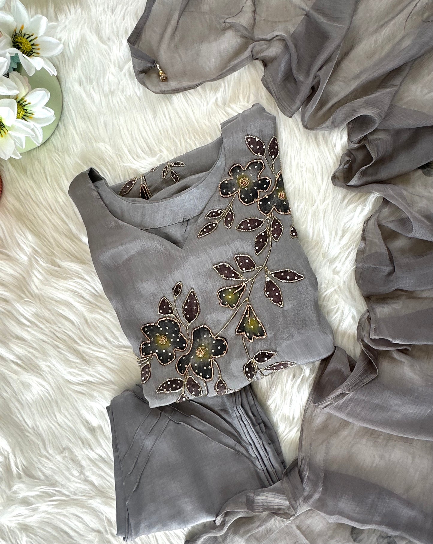 K380 - Chinnon handwork Aline Kurti with pants and chiffon dupatta