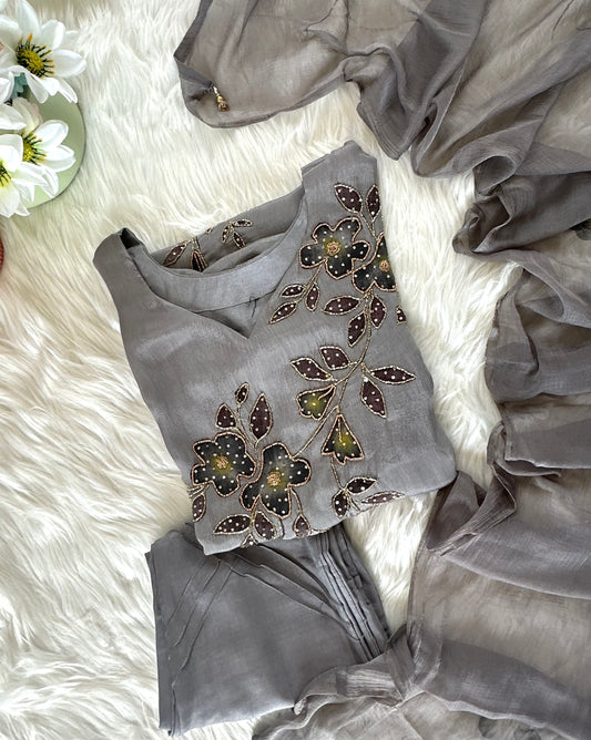 K380 - Chinnon handwork Aline Kurti with pants and chiffon dupatta