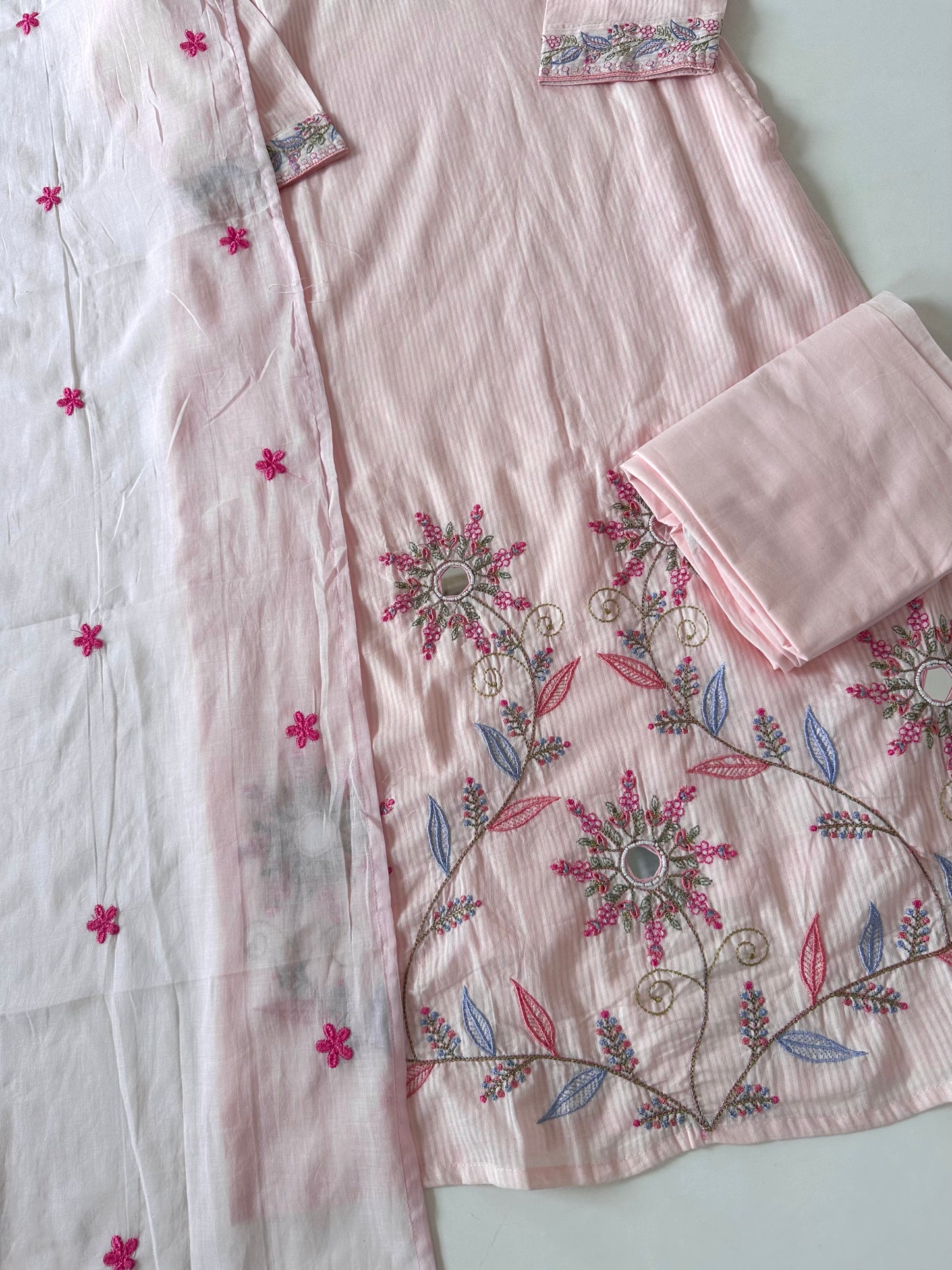 K027 - Mul cotton embroidered straight kurti with pants and dupatta