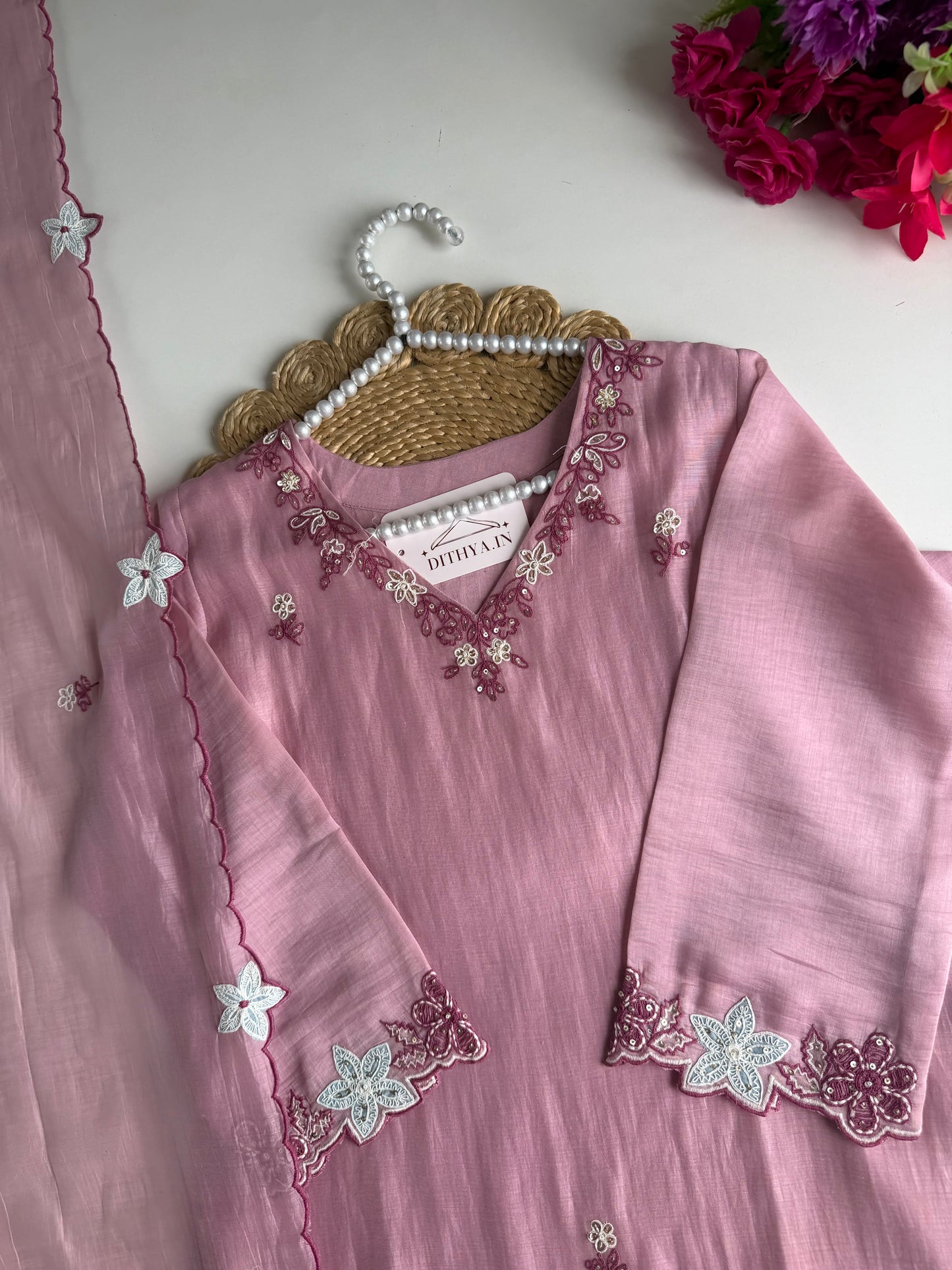 K541 - Mul chanderi handwork straight Kurti with pants and dupatta