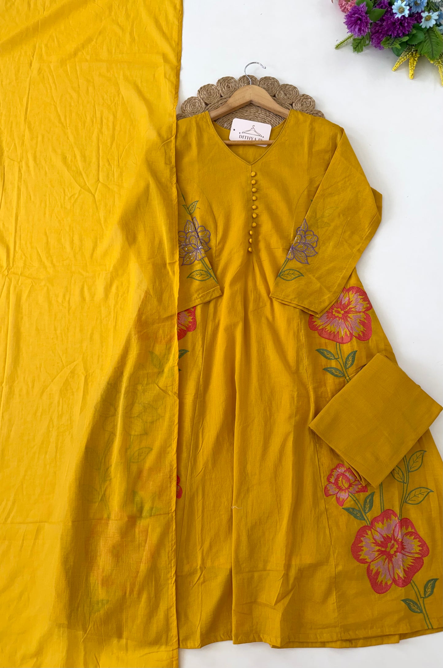 K655 - Mul cotton embroidered Aline Kurti with pants and dupatta