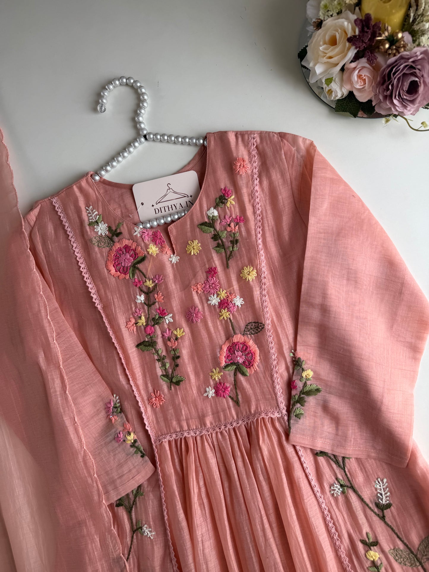 K456 - Mul chanderi embroidered Anarkali with pants and dupatta