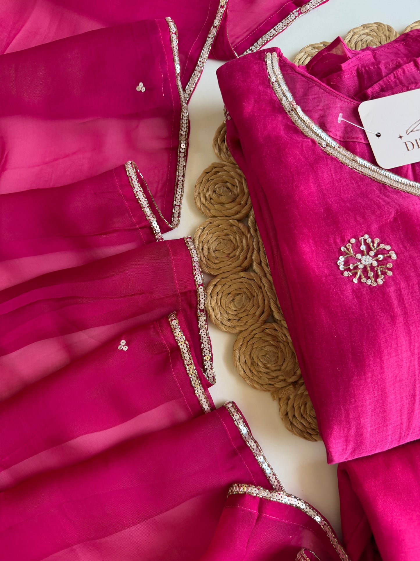 K524 - Mul chanderi handwork aline Kurti with pants and dupatta