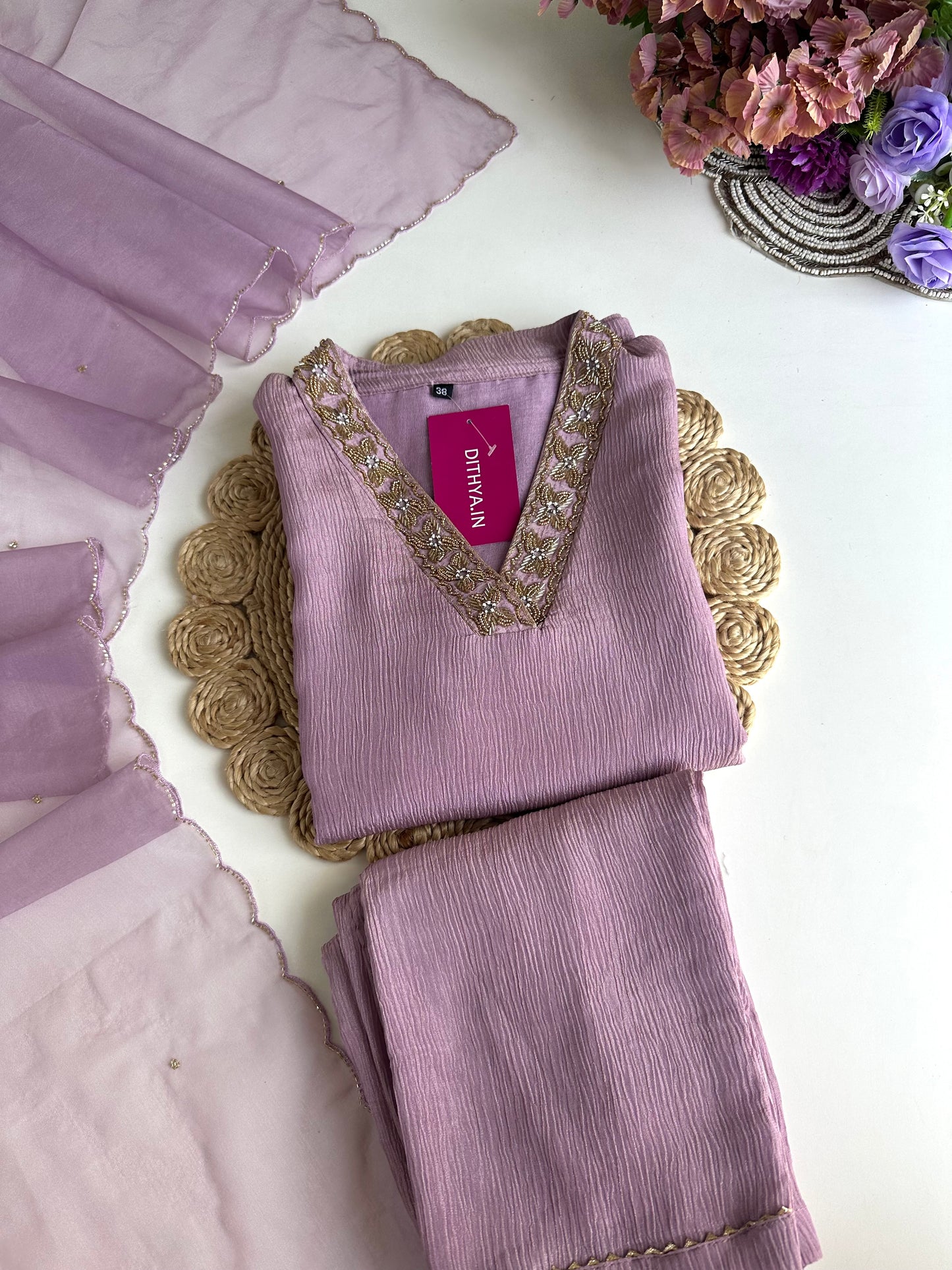 K057 - Crush tissue handwork straight Kurti with pants and dupatta in 2 colours