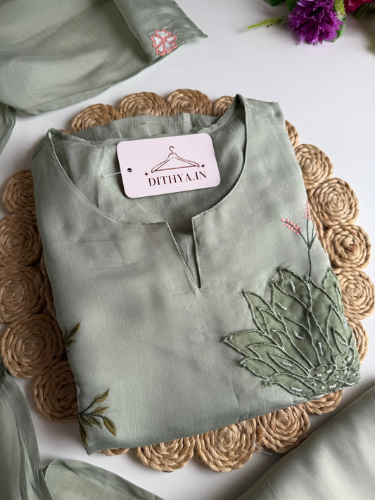 K592 - Surat Mul chanderi handwork straight Kurti with pants and dupatta