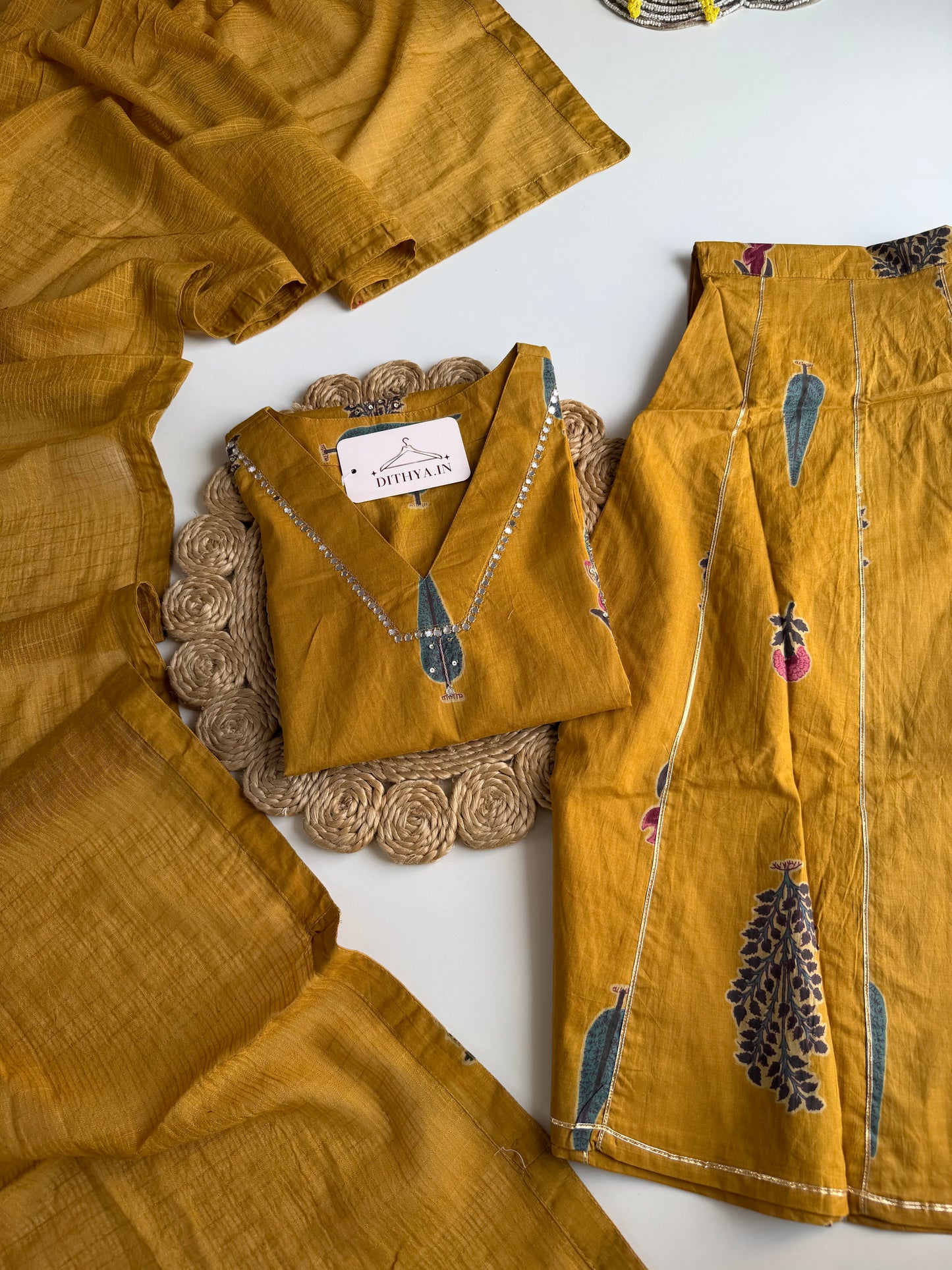 K697 - Mul cotton embroidered short Kurti with divider pants and dupatta