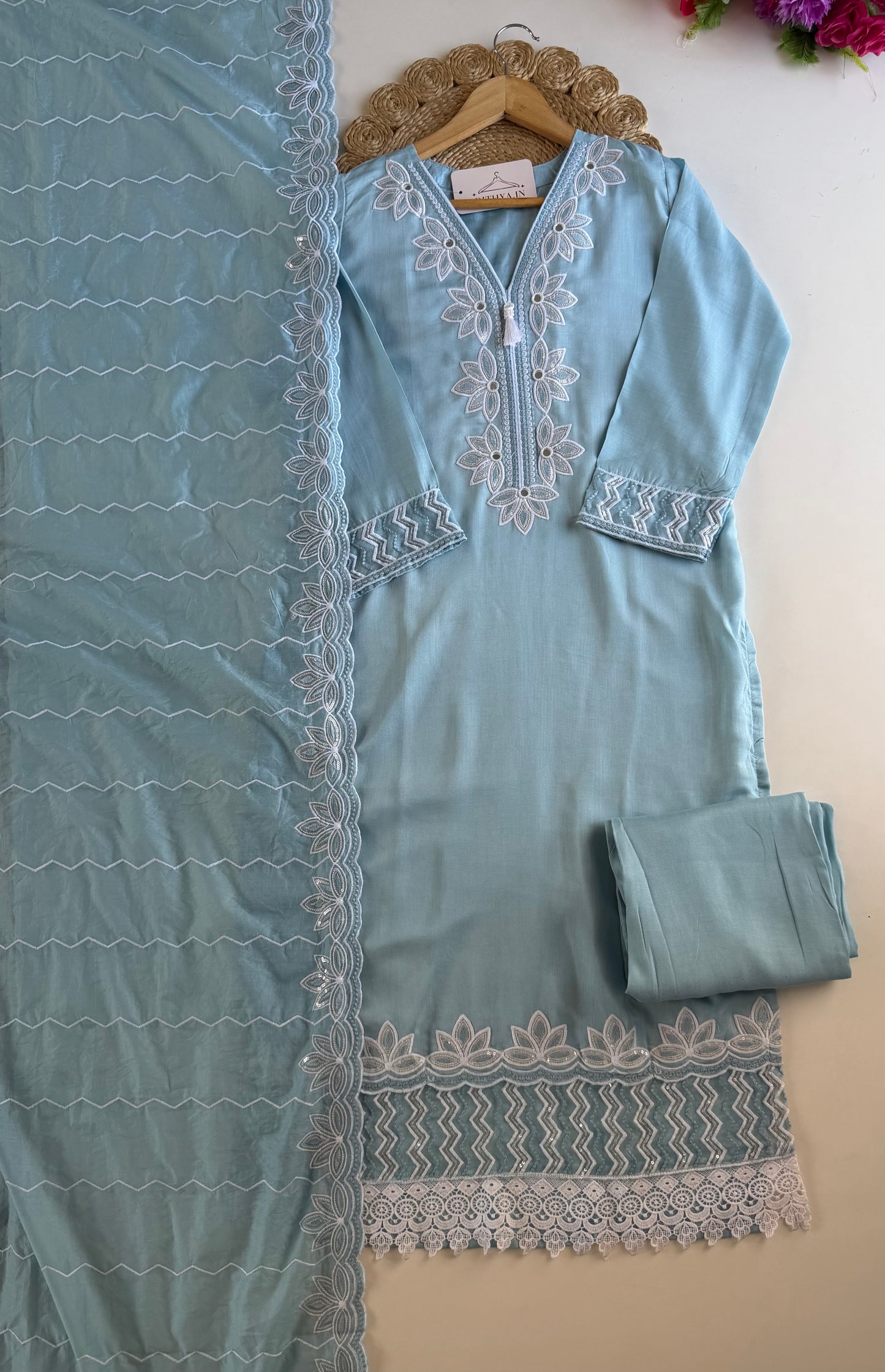 K377 - Muslin embroidered straight Kurti with pants and dupatta