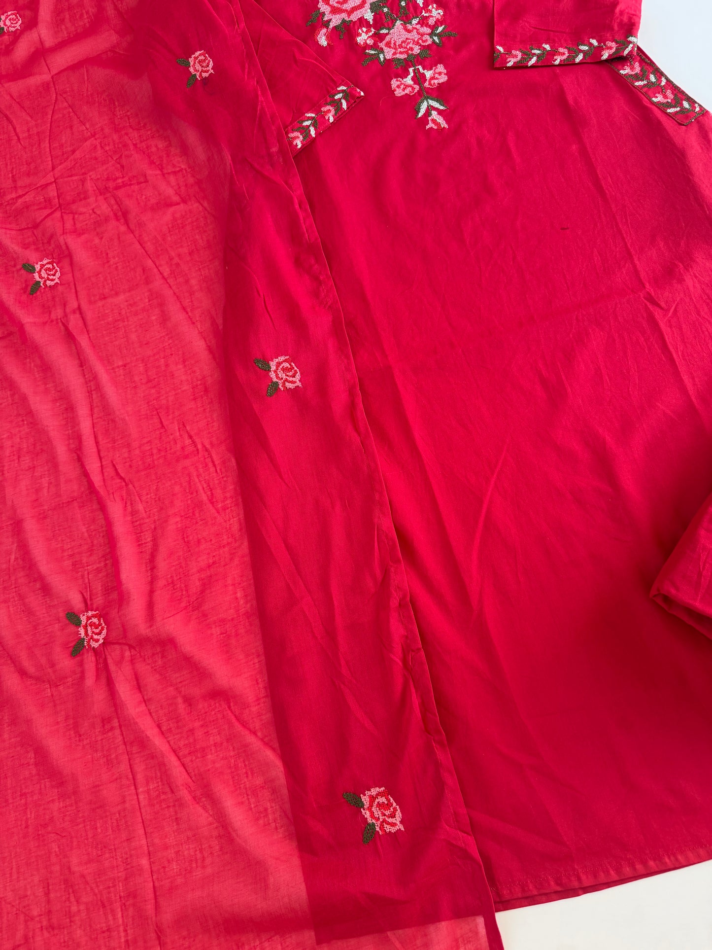 K270 - Mul cotton embroidered straight Kurti with pants and dupatta